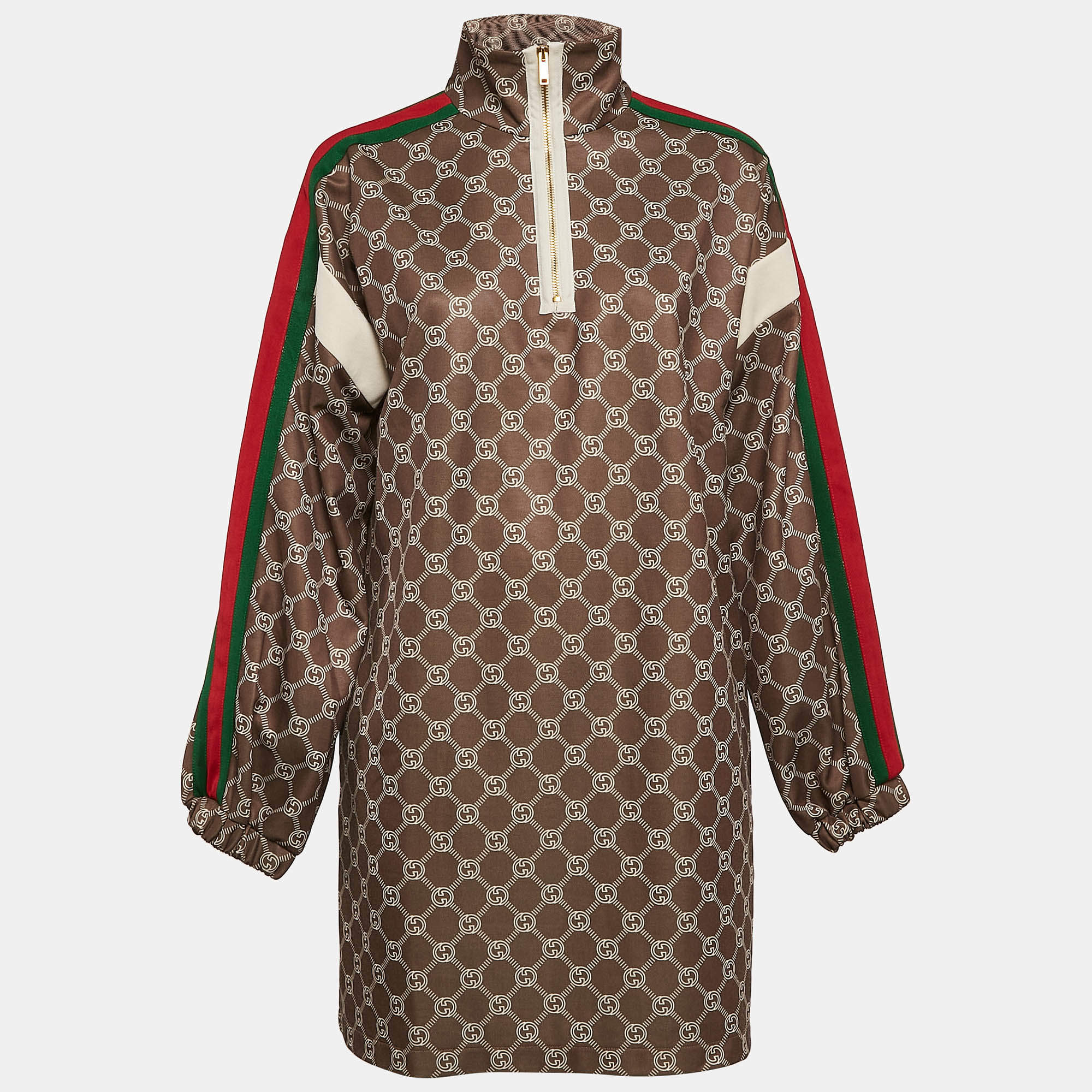 Gucci Khaki Green GG Supreme Logo Print Mini High Neck Dress M