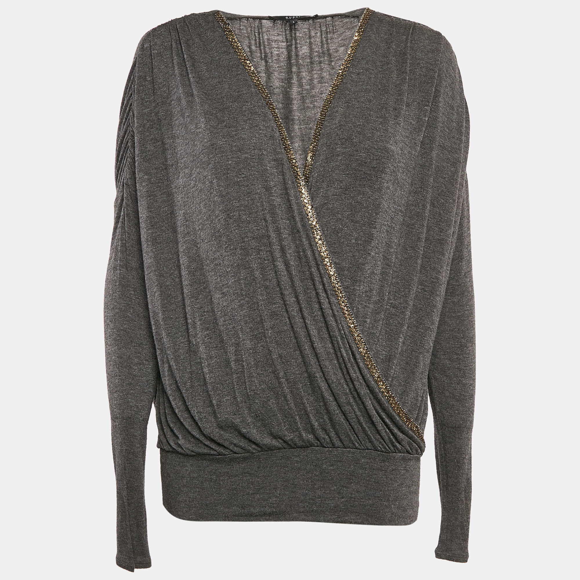 Gucci Dark Grey Jersey Sequin Detail Neck Full Sleeve Top L