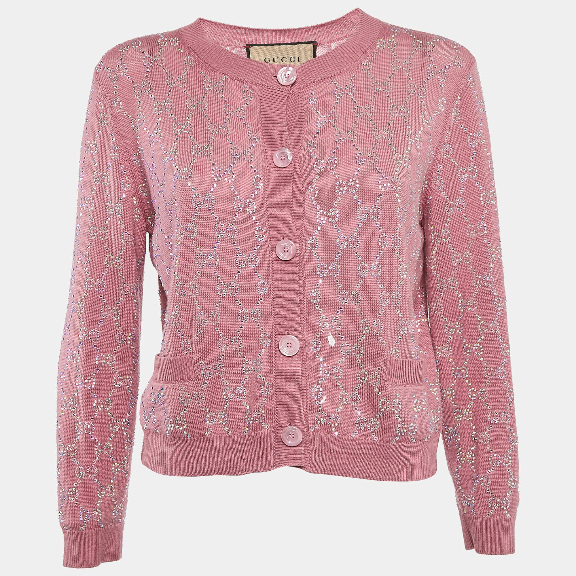 Gucci Pink Studded Wool Button Front Cardigan M