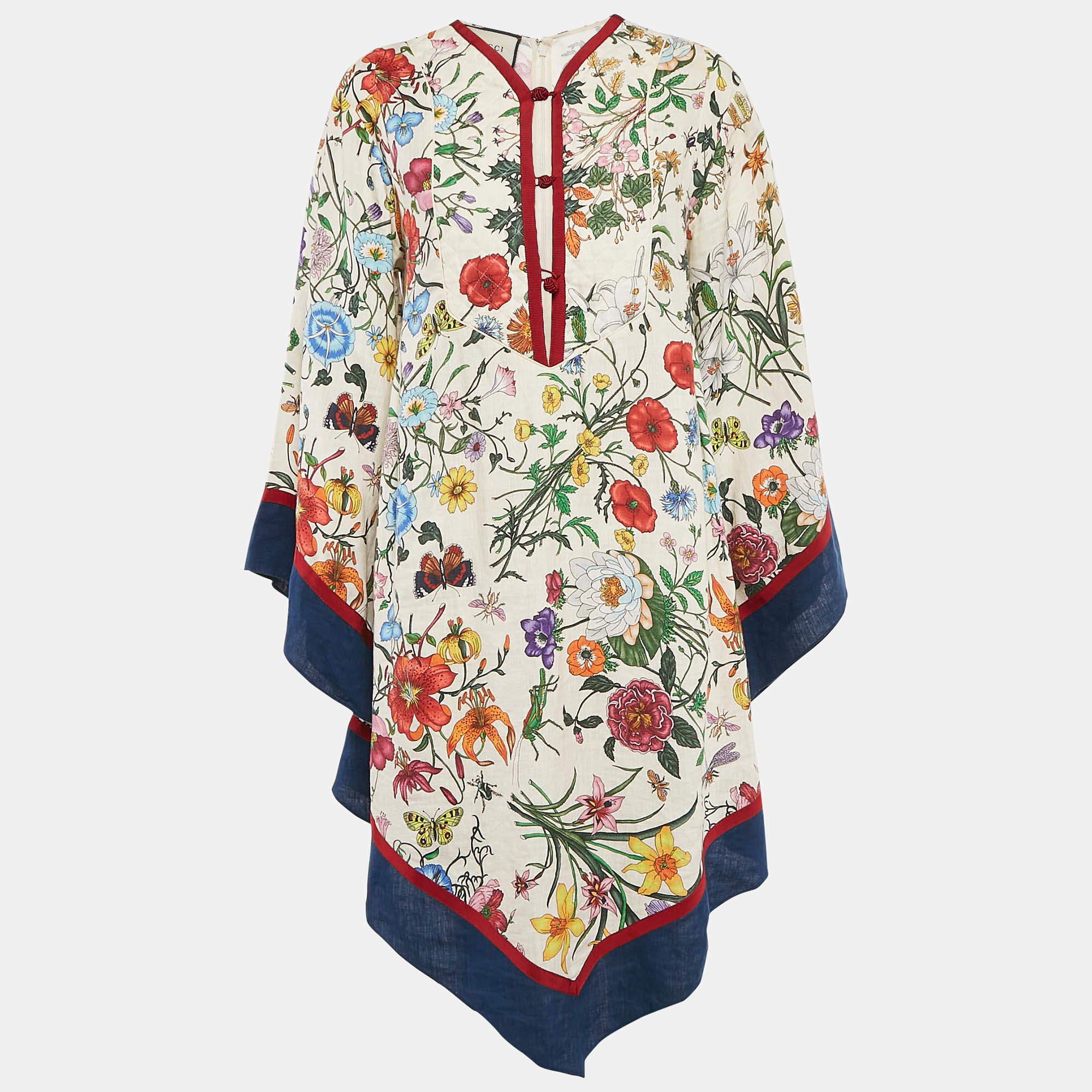 Gucci Cream/Multicolor Floral Print Linen Asymmetric Midi Dress M