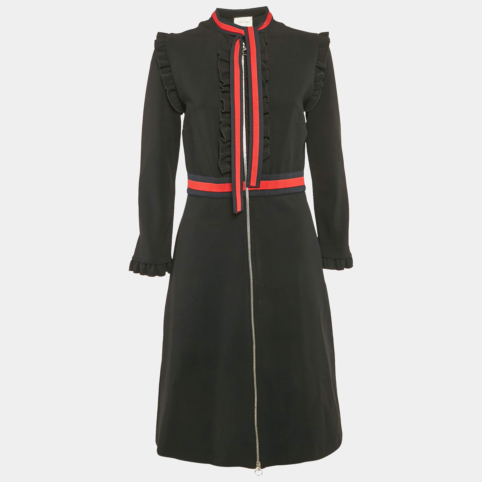 Gucci Black Jersey Web Stripe Detail Ruffled Short Dress XL