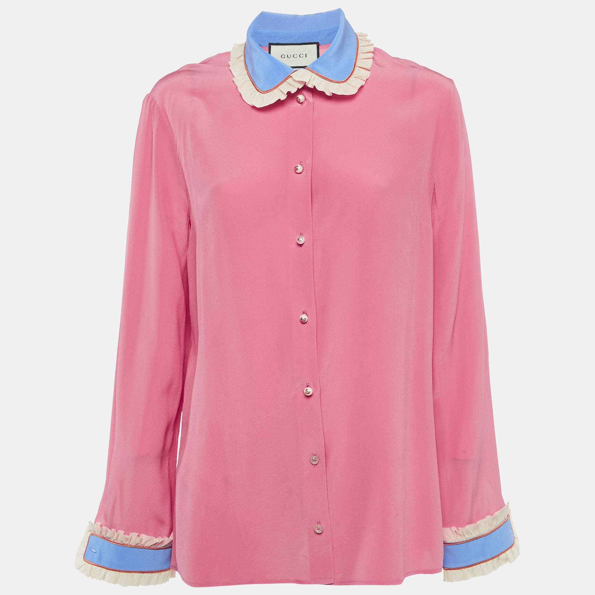 Gucci Pink Silk Contrast Trim Detail Ruffled Blouse L