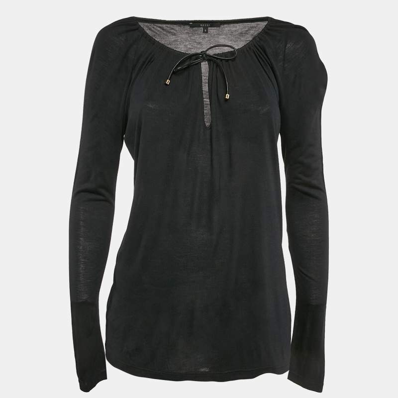 Gucci Black Jersey Neck Tie-Up Detail Full Sleeve Top S