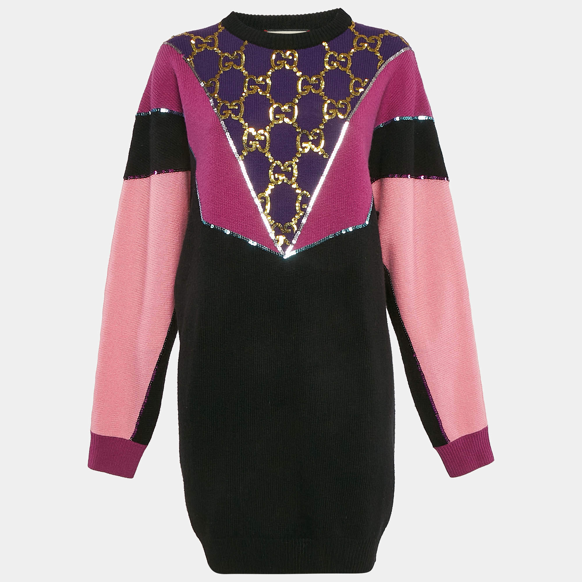 Gucci Black/Purple GG Sequin Embroidered Rib Knit Sweater Dress S