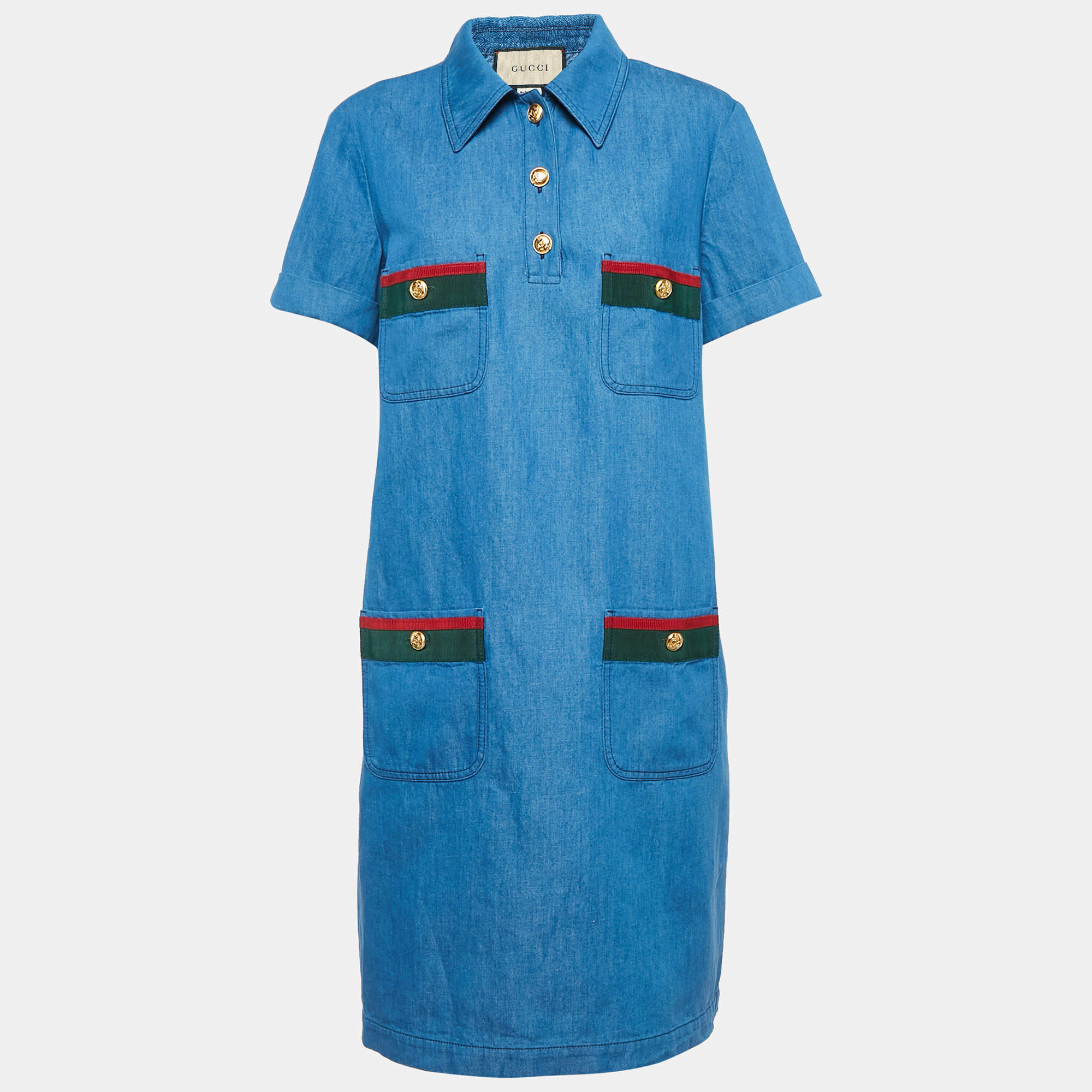 Gucci Blue Denim Web Contrast Trimmed Short Dress L