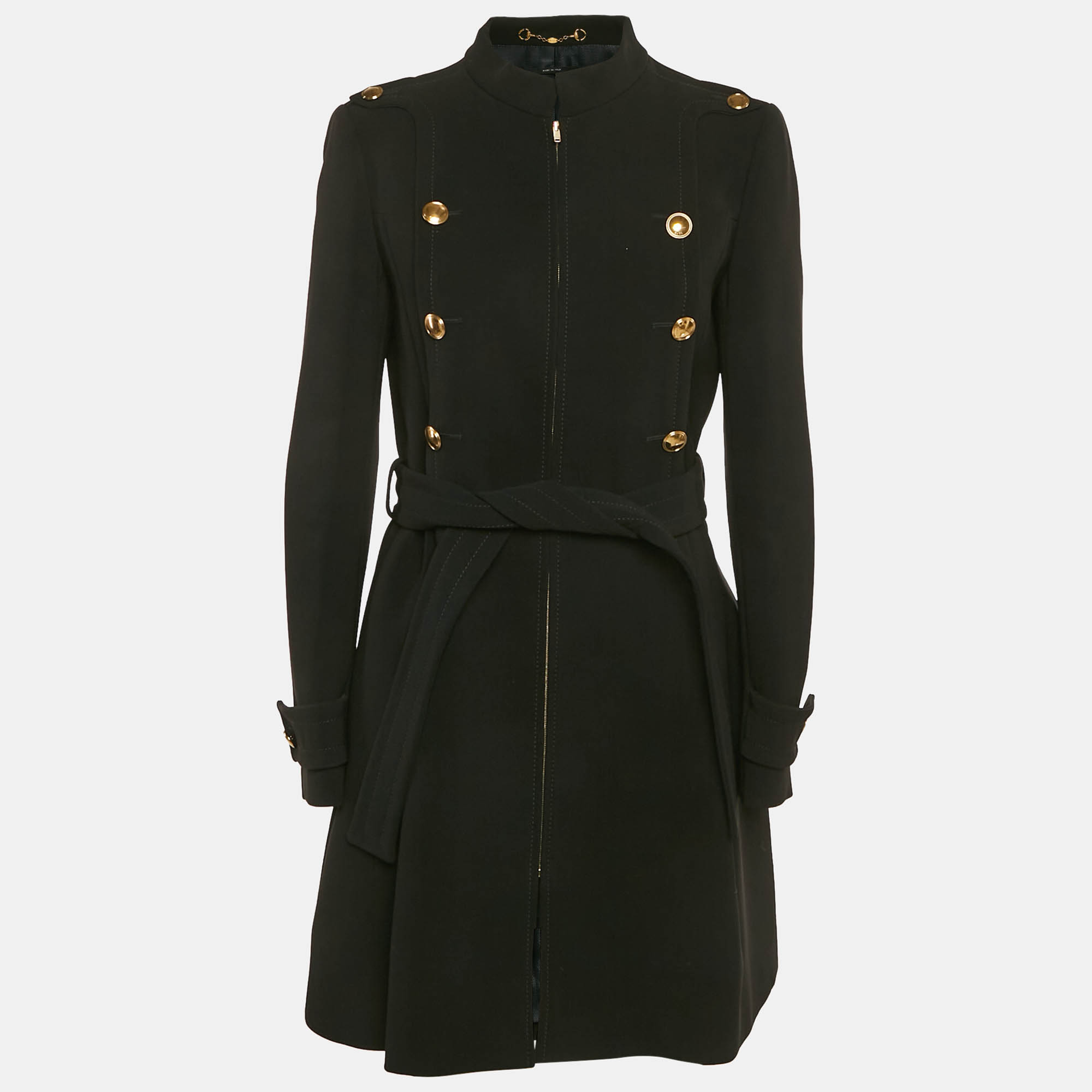 Gucci Black Crepe Zip-Up Button Detail Belted Mid-Length Coat M