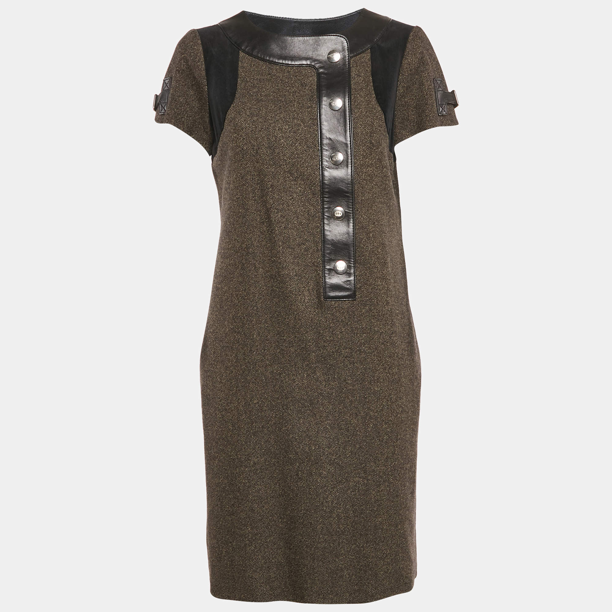 Gucci Black/Brown Wool Leather Trimmed Short Dress M