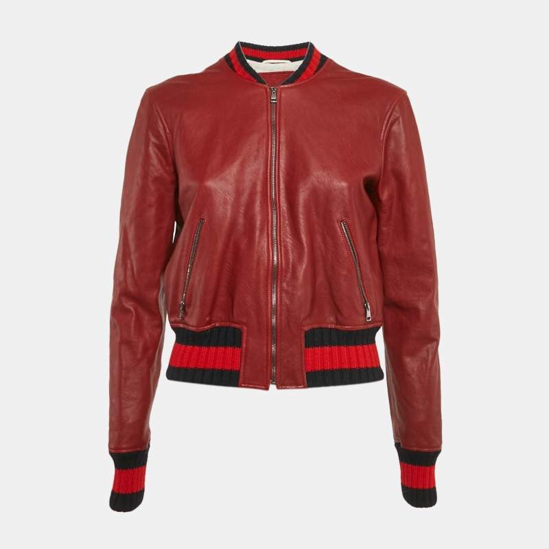 Pre Owned Gucci Burgundy Dragonfly Embellished Leather Zip-Up Bomber Jacket M