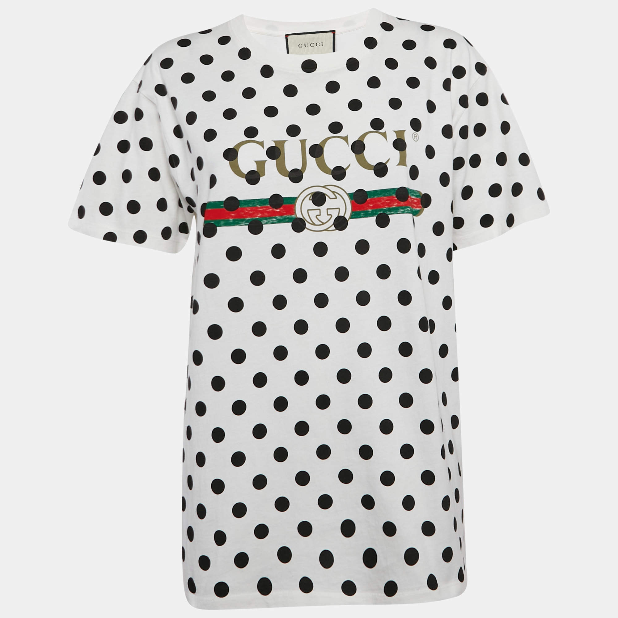Gucci White Polka Dot Logo Print Cotton Crew Neck T-Shirt XS