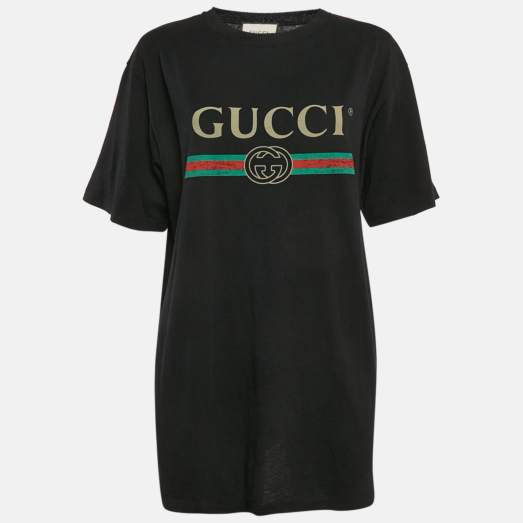 Pre Owned Gucci Black Vintage Logo Print Cotton Distressed Oversize T-Shirt L