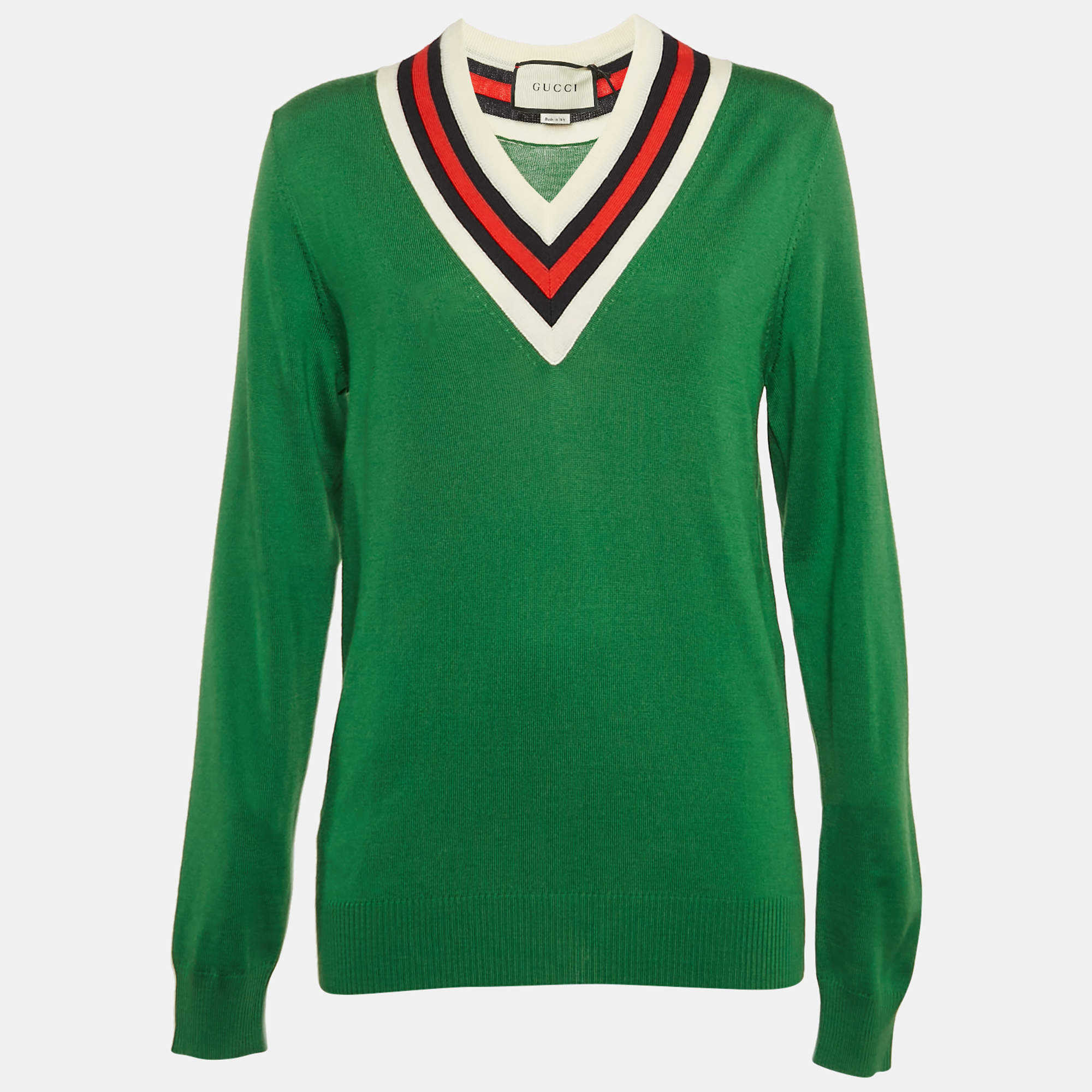 Pre Owned Gucci Green Wool V-Neck Full Sleeve Sweater XS