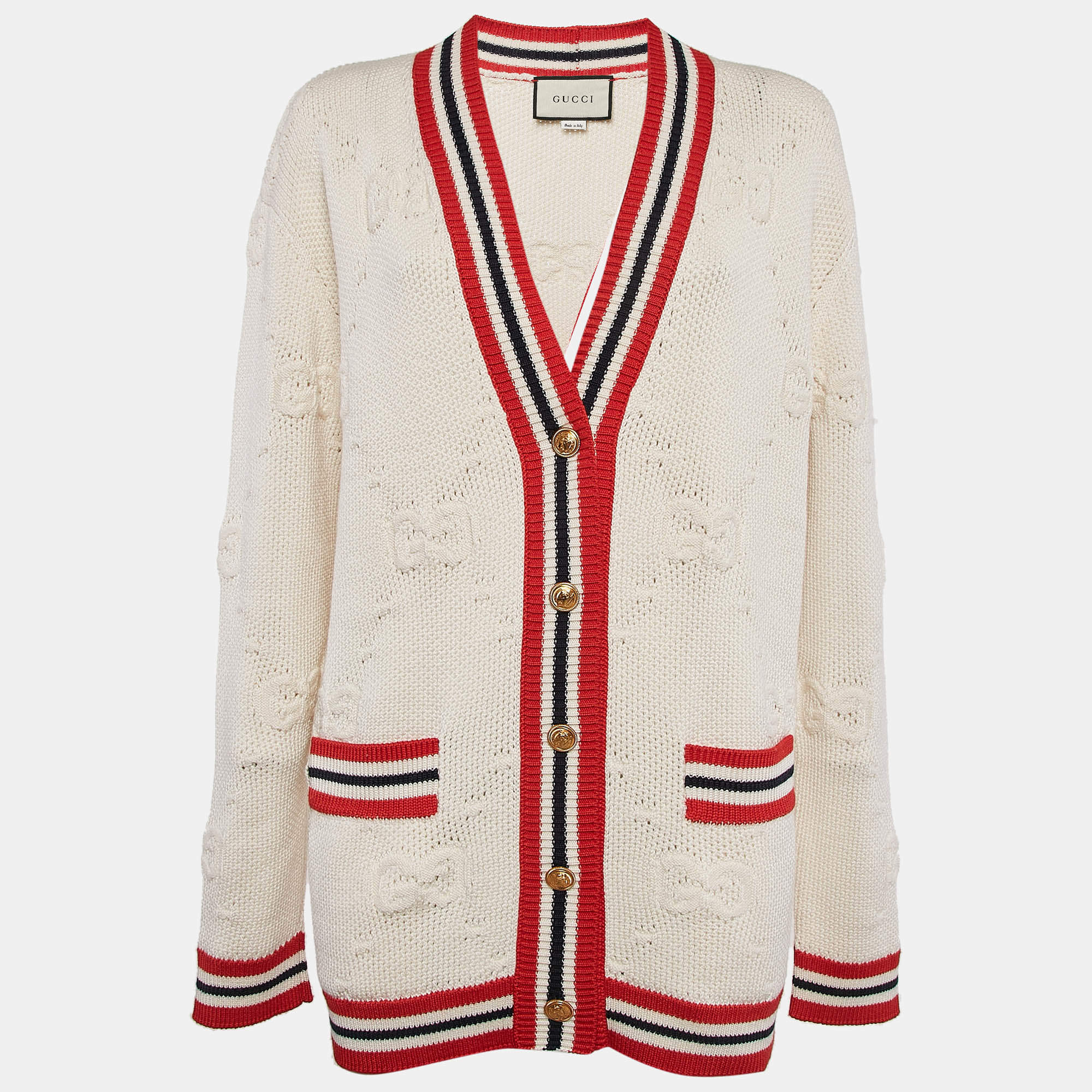 Pre Owned Gucci Cream Sylvie Web Knit Button Front Cardigan XS