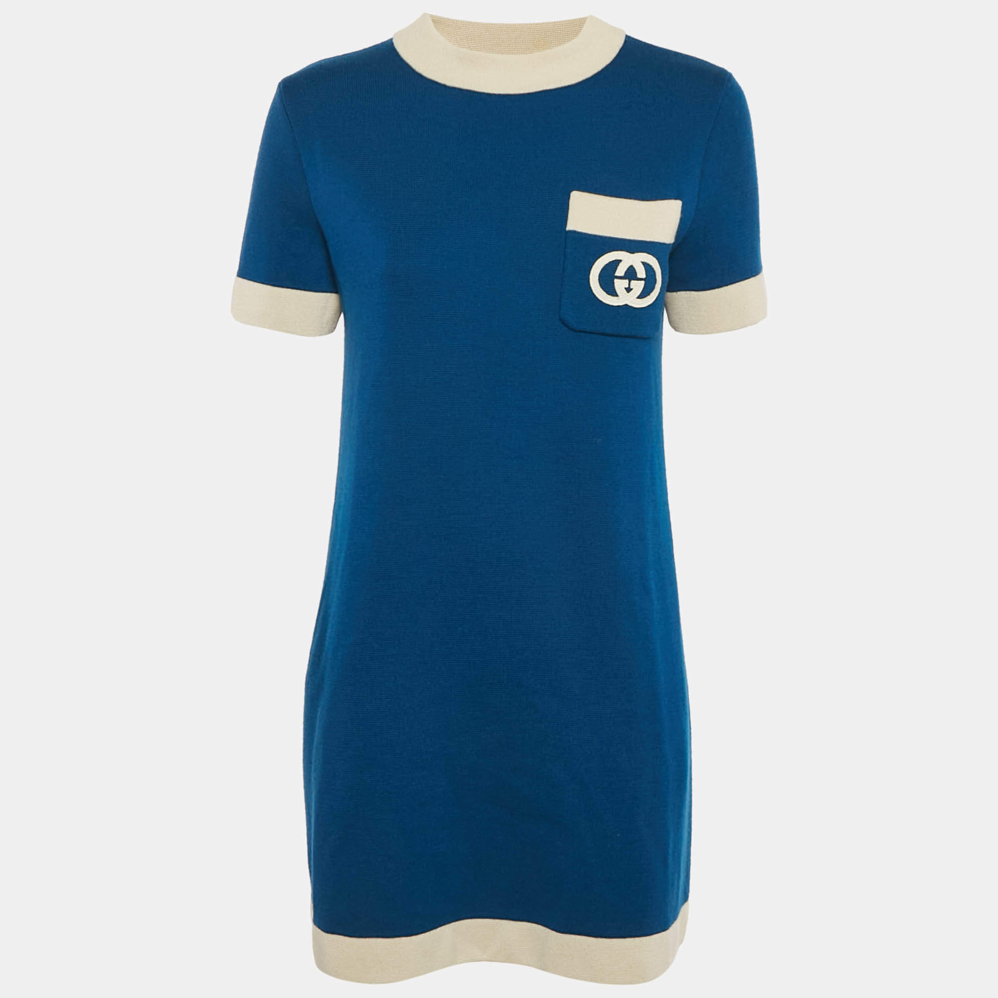 مملوكة مسبقًا Gucci Blue Interlocking GG Pocket Detail Wool Mini Dress M