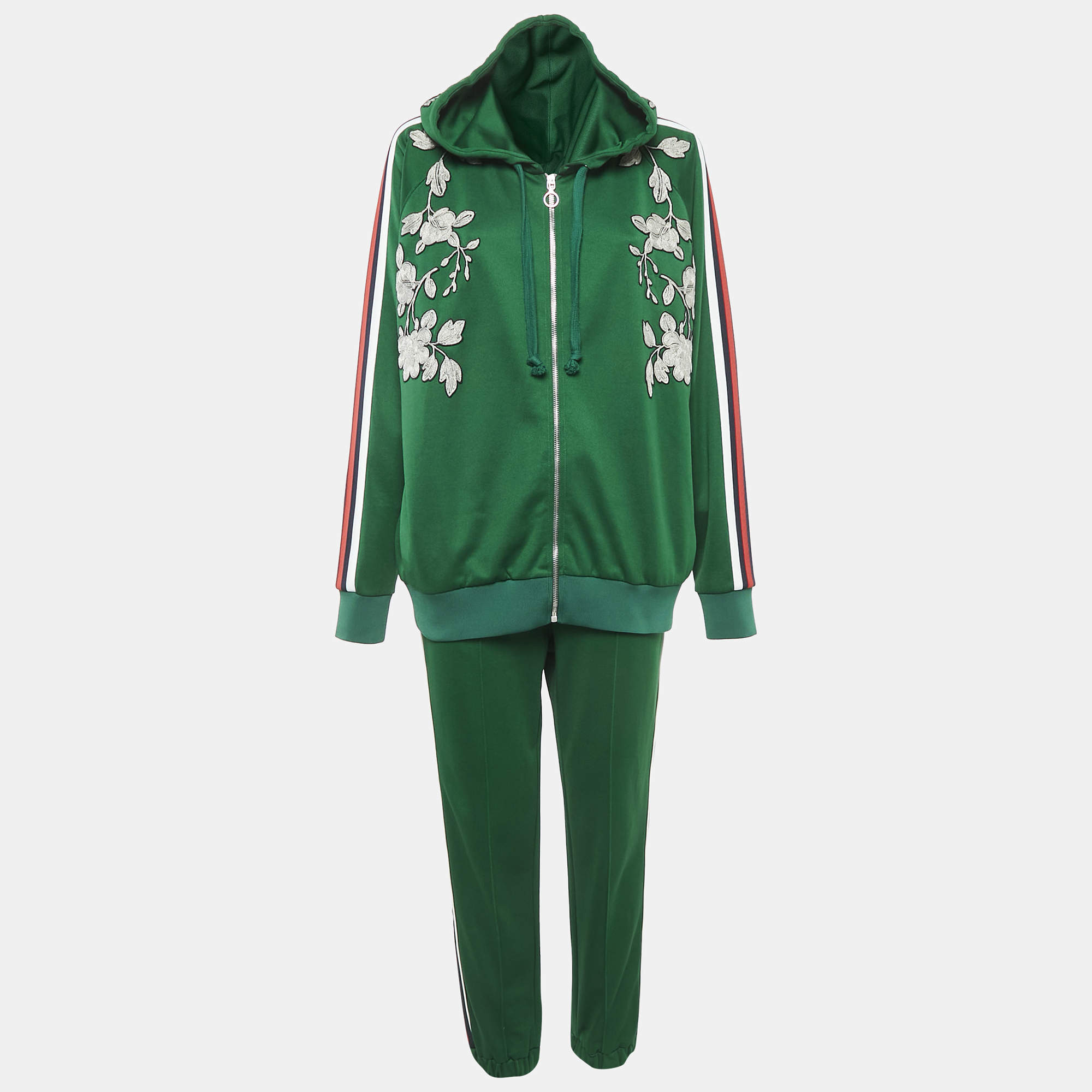 Gucci Green Floral Embroidered Cotton Blend Knit Tracksuit XL/L