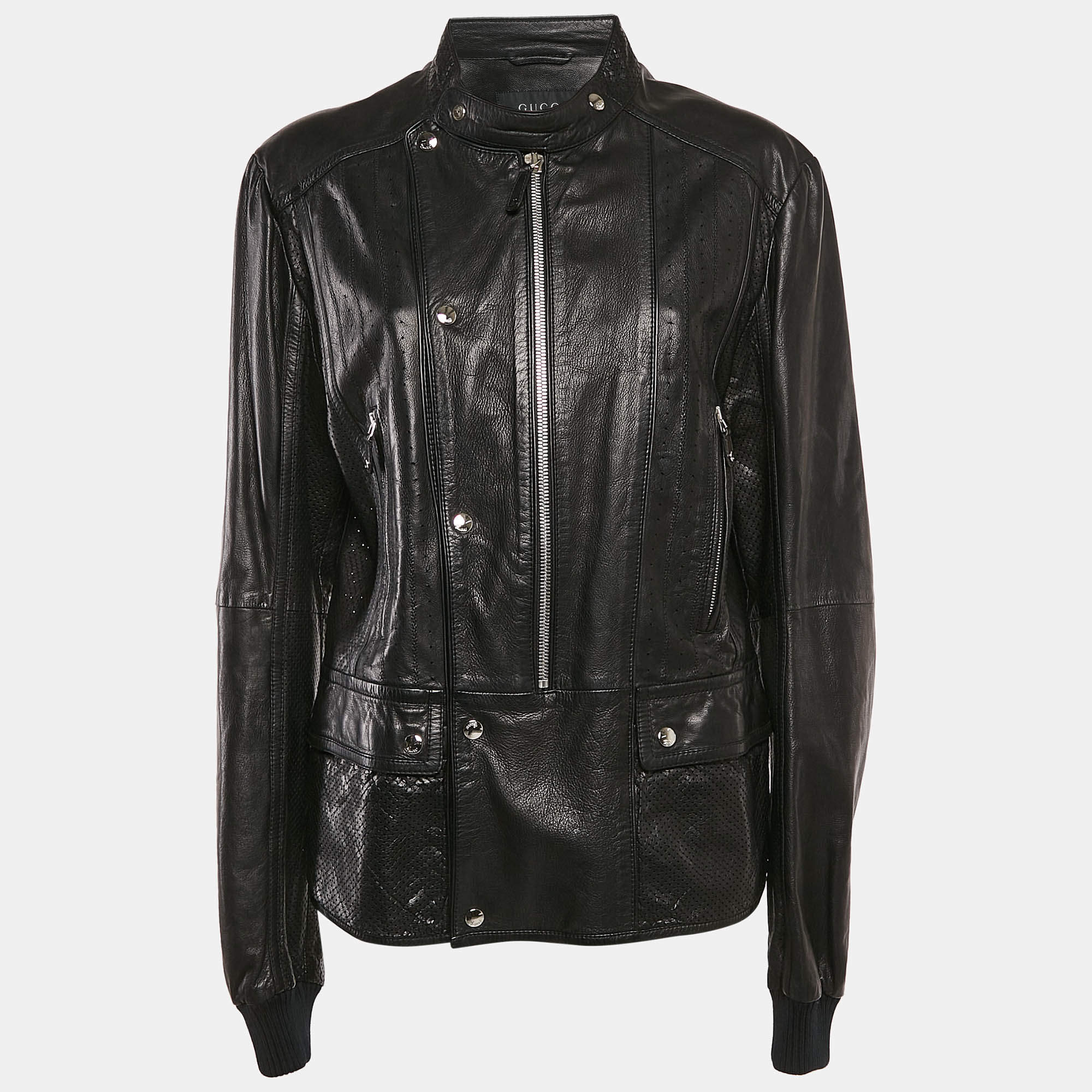 Gucci Pinhole Pattern Leather Zip-Up Jacket XL