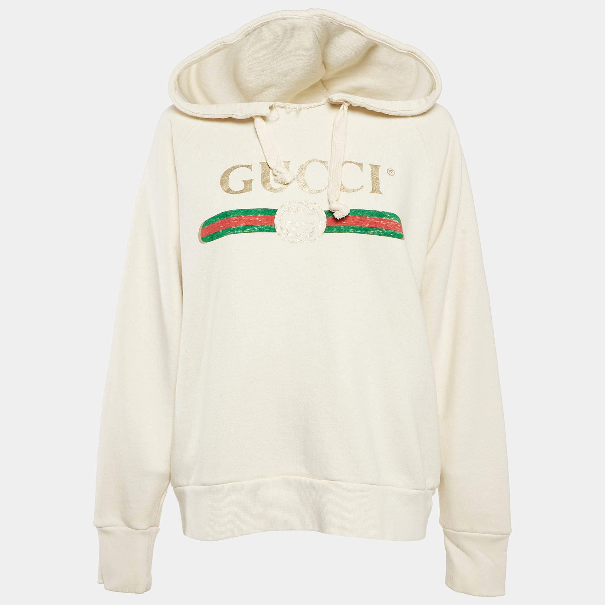 Pre Owned Gucci Cream Dog Embroidery Cotton Hooded Sweatshirt S