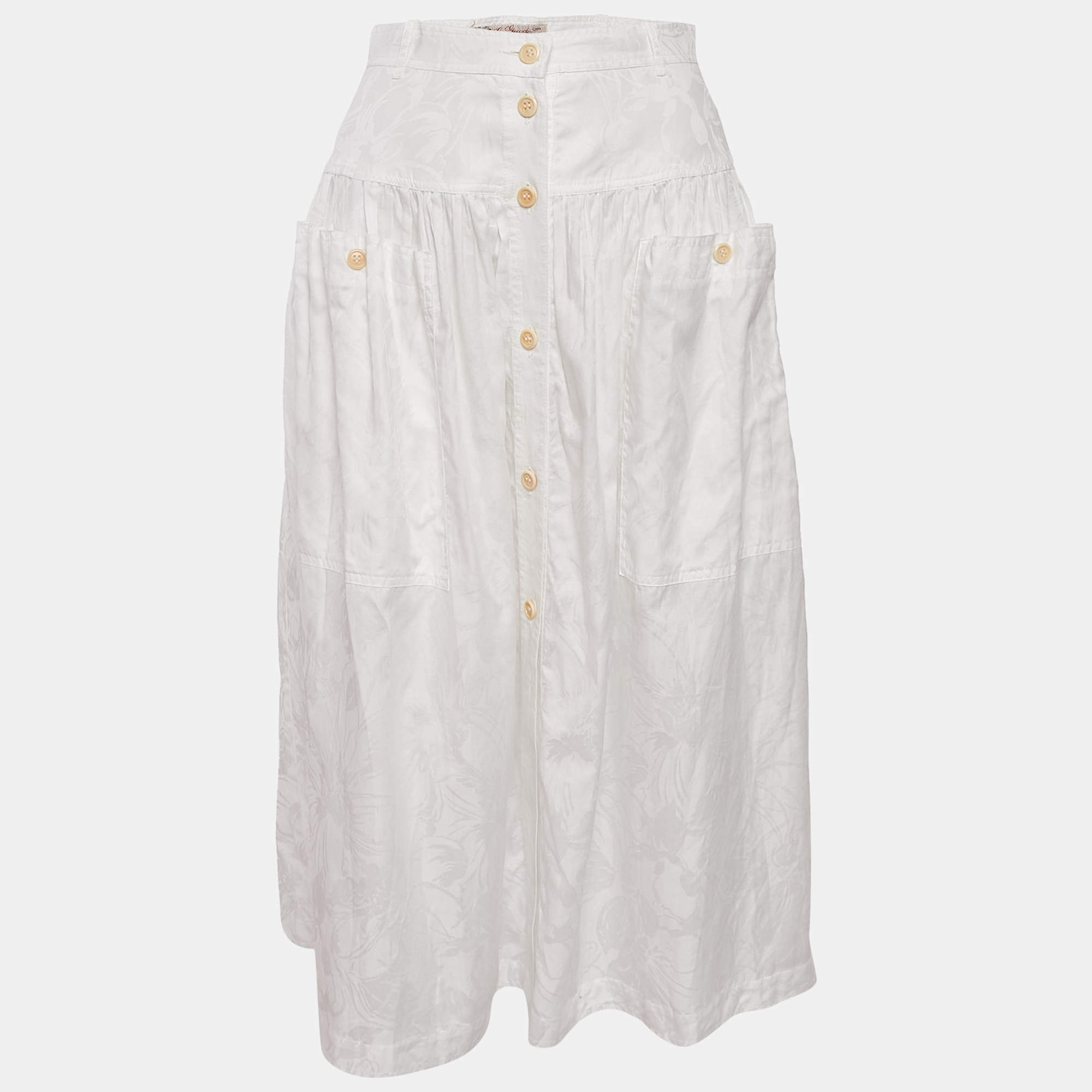 Pre Owned Gucci White Jacquard Cotton Gathered Midi Skirt M