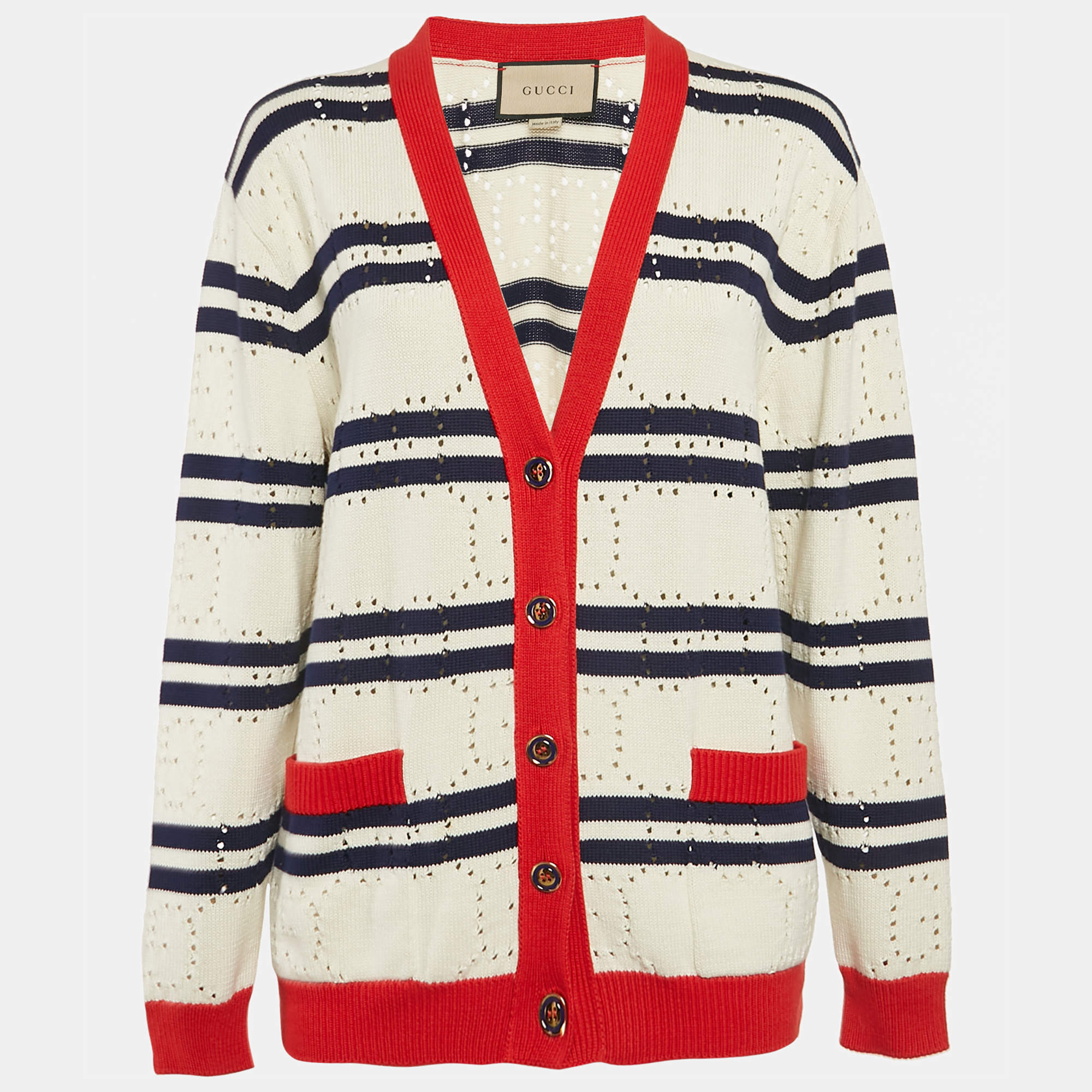 Gucci Cream GG Pointelle Knit Striped Button Front Cardigan XS
