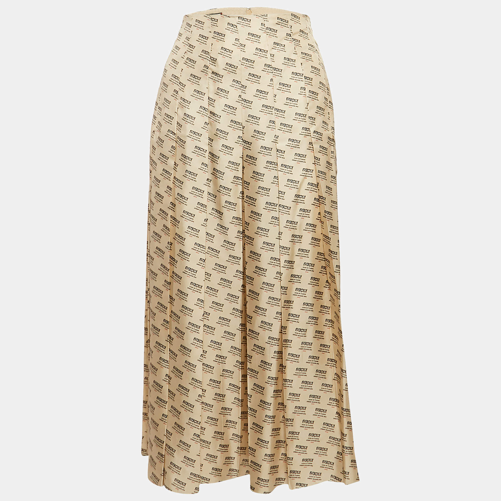 Pre Owned Gucci Beige Invite Stamp Print Silk Pleated Midi Skirt M
