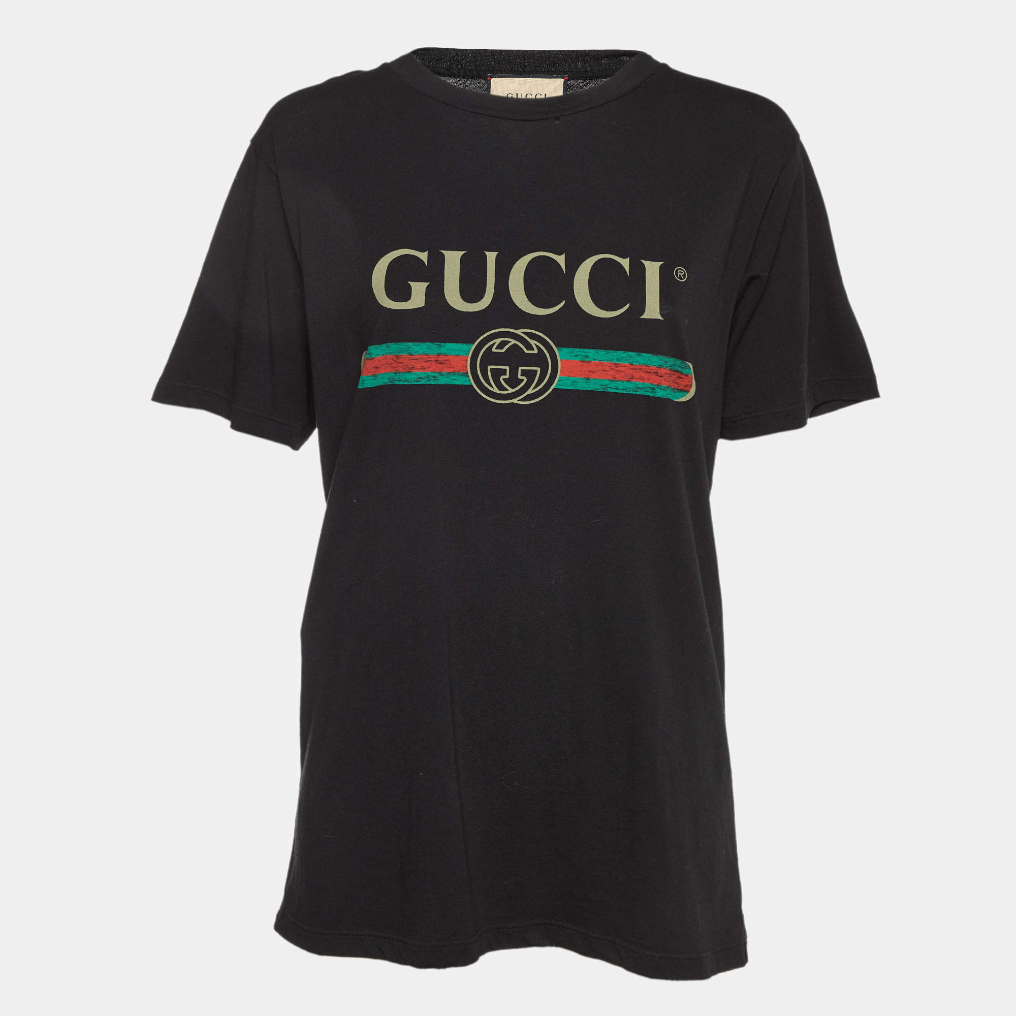 Gucci Black Vintage Logo Print Jersey Distressed Crew Neck T-Shirt XS