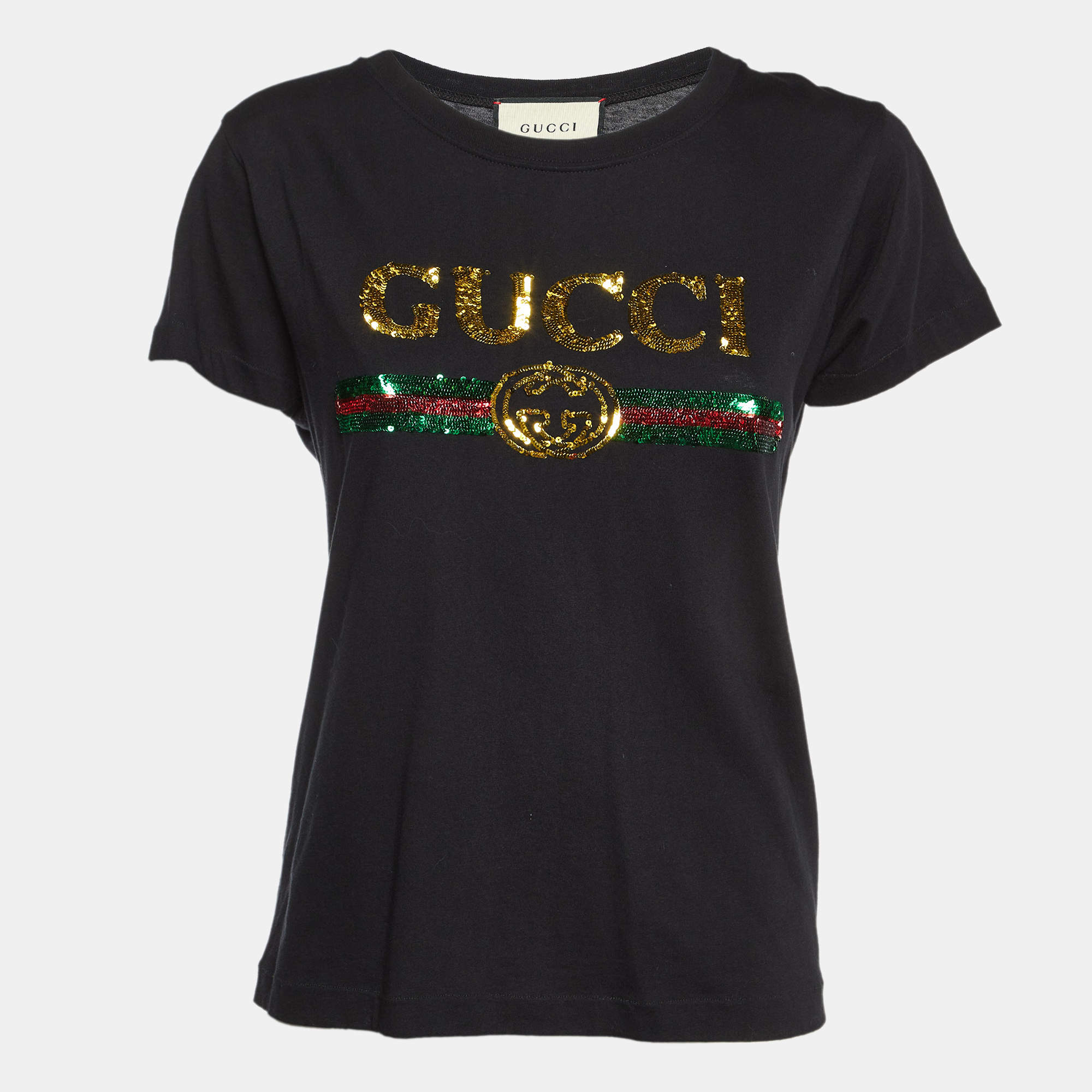 Pre Owned Gucci Black Sequin Embellished Cotton Crew Neck T-Shirt