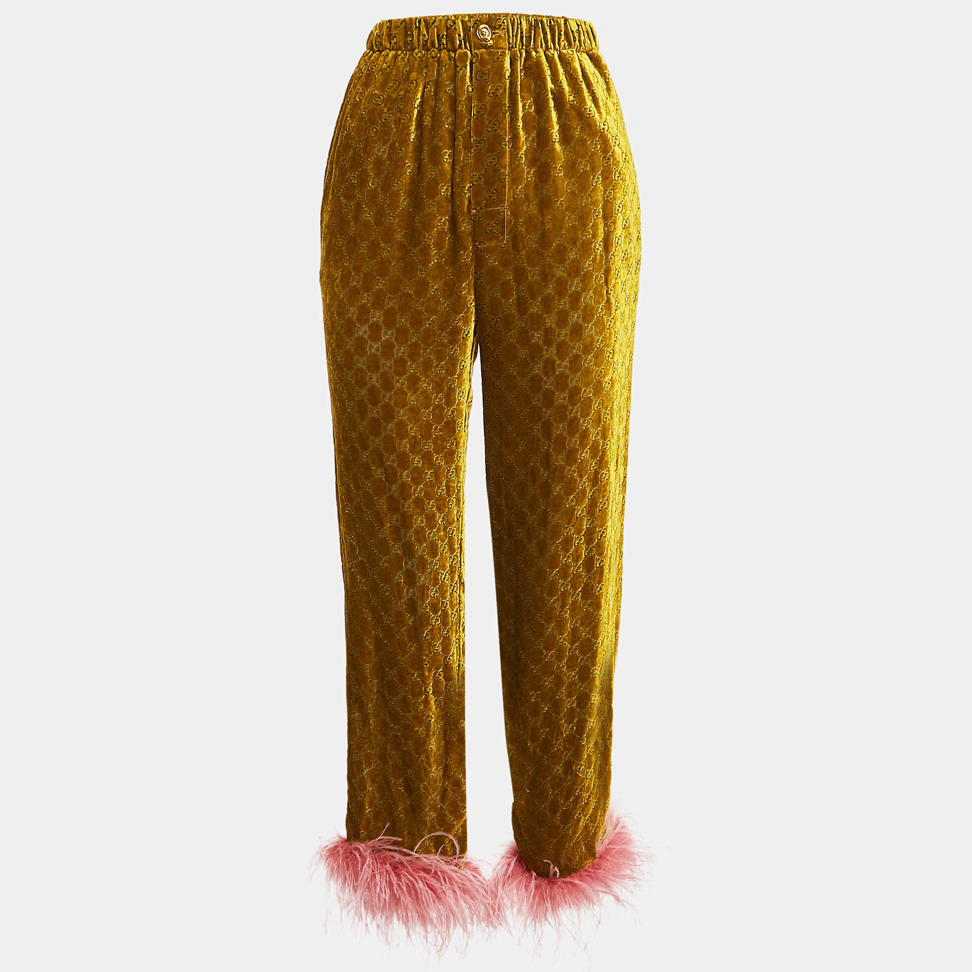 Gucci Yellow GG Interlocking Feather Trim Devore Trousers XS