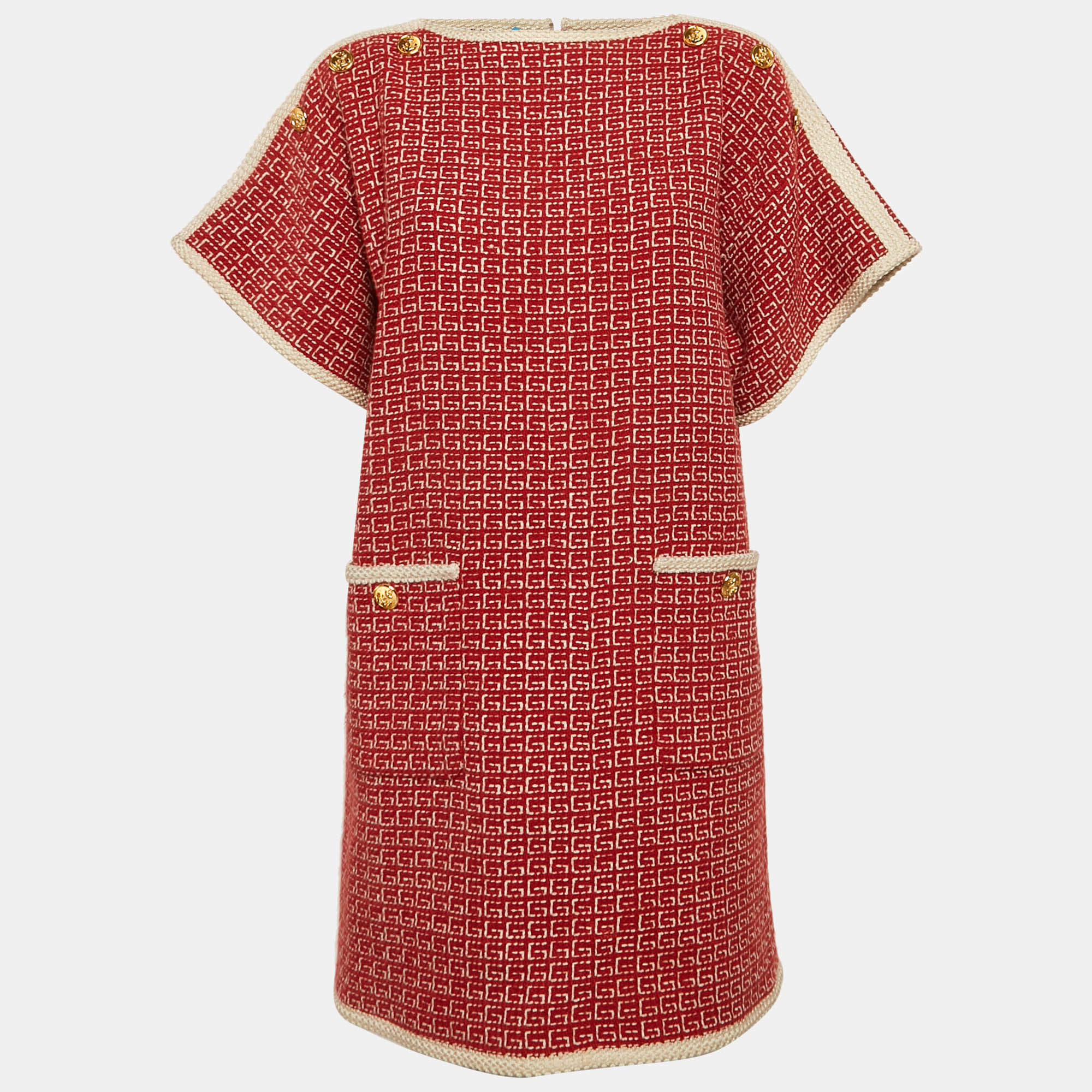 Gucci Red Logo Patterned Wool Blend Pocket Detail Mini Dress M
