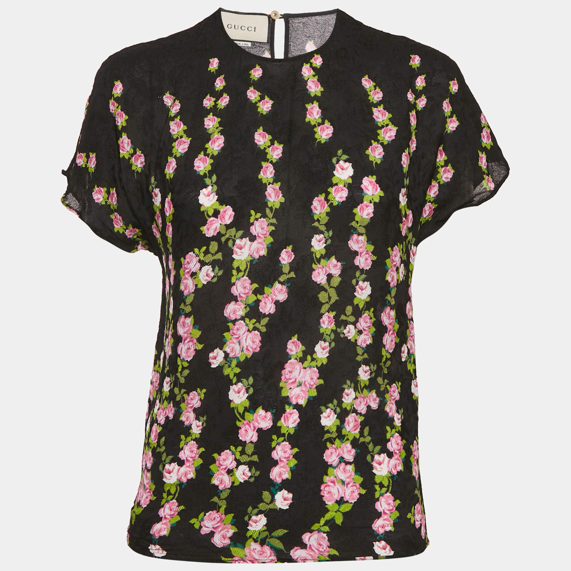 Gucci Black Floral Print Jacquard Crepe Top M