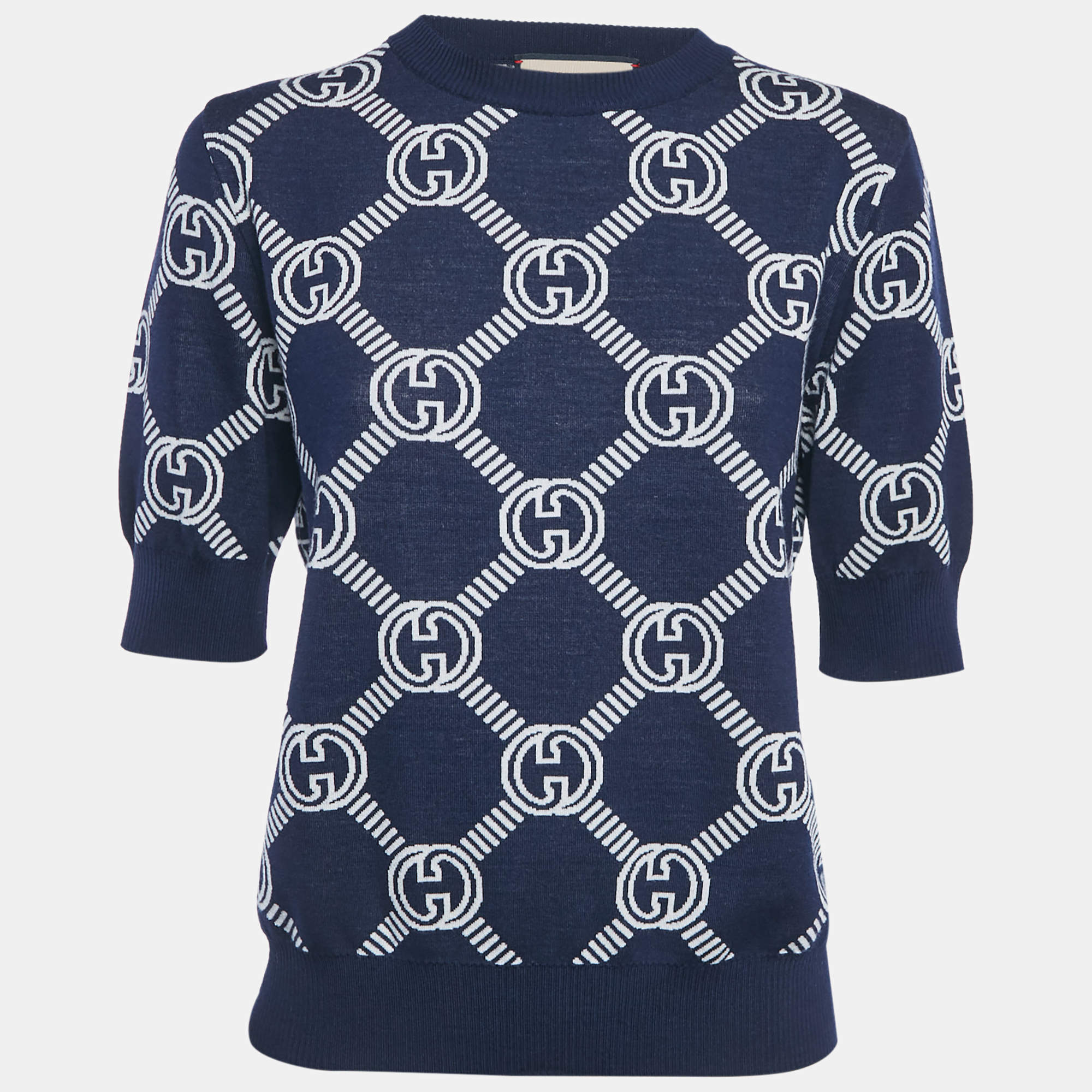 Pre Owned Gucci Navy Blue Monogram Jacquard Knit Wool Sweater M