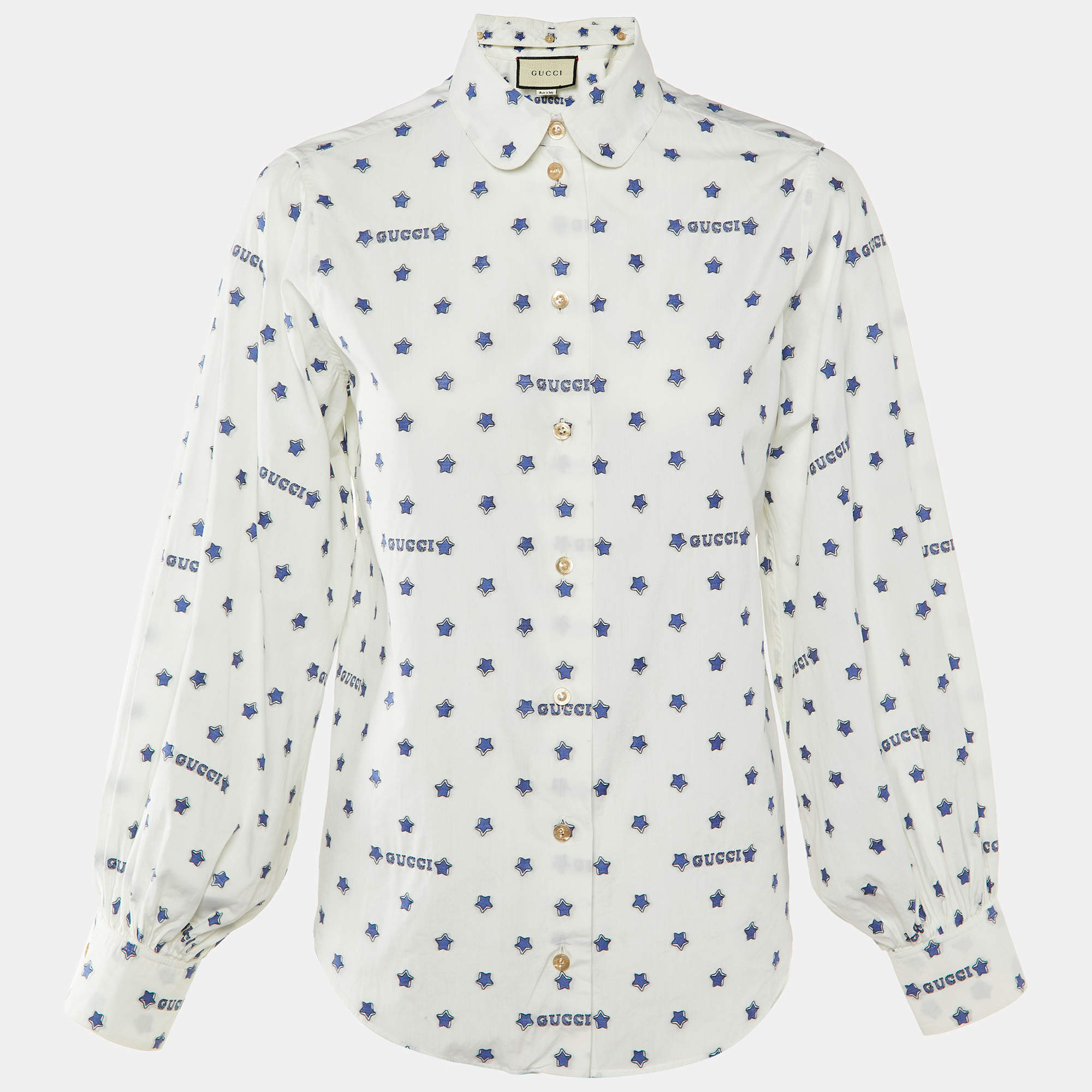 Gucci White Star Brocade Cotton Button Front Blouse S