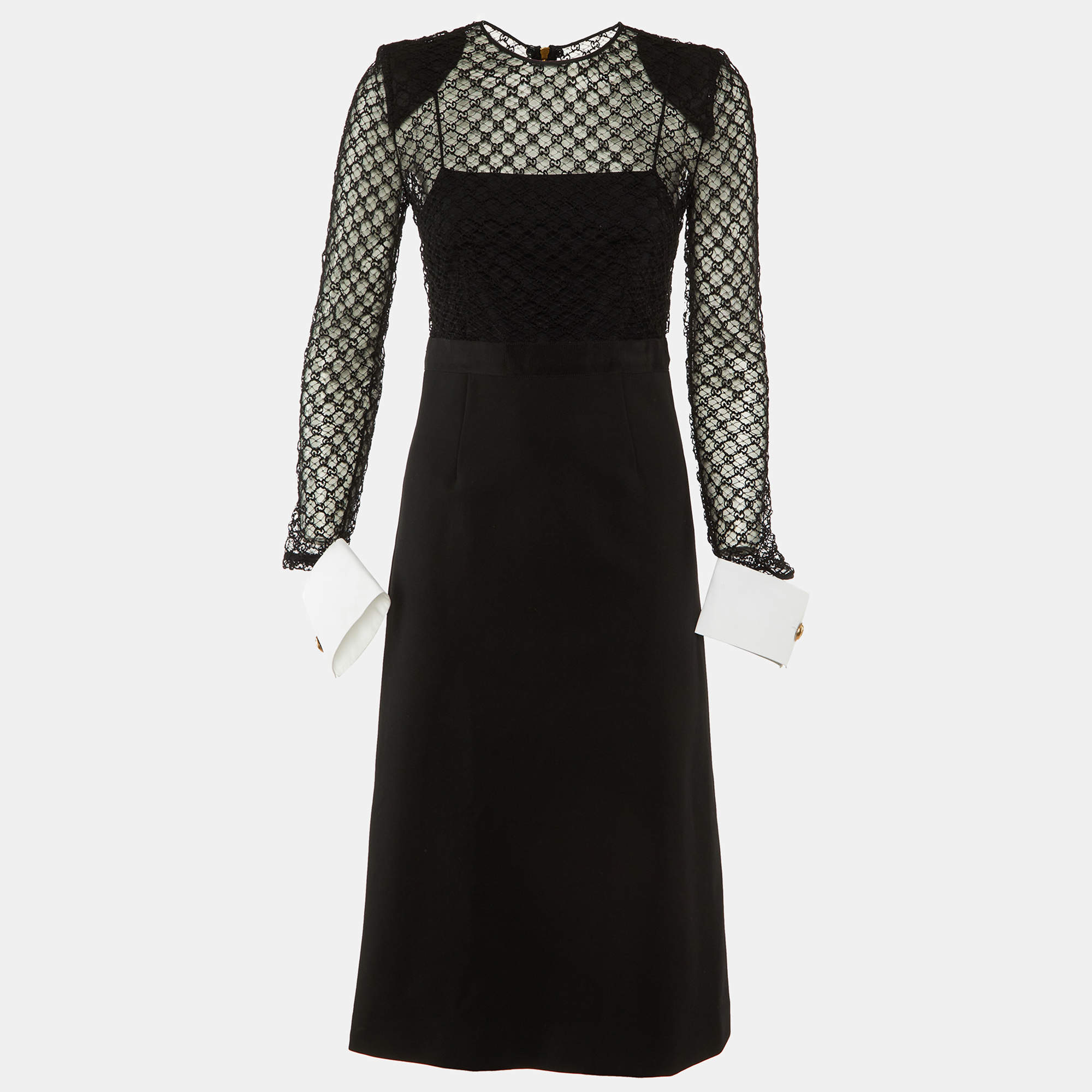 Pre Owned Gucci Black GG Supreme Lace and Knit Detachable Cuff Midi Dress S