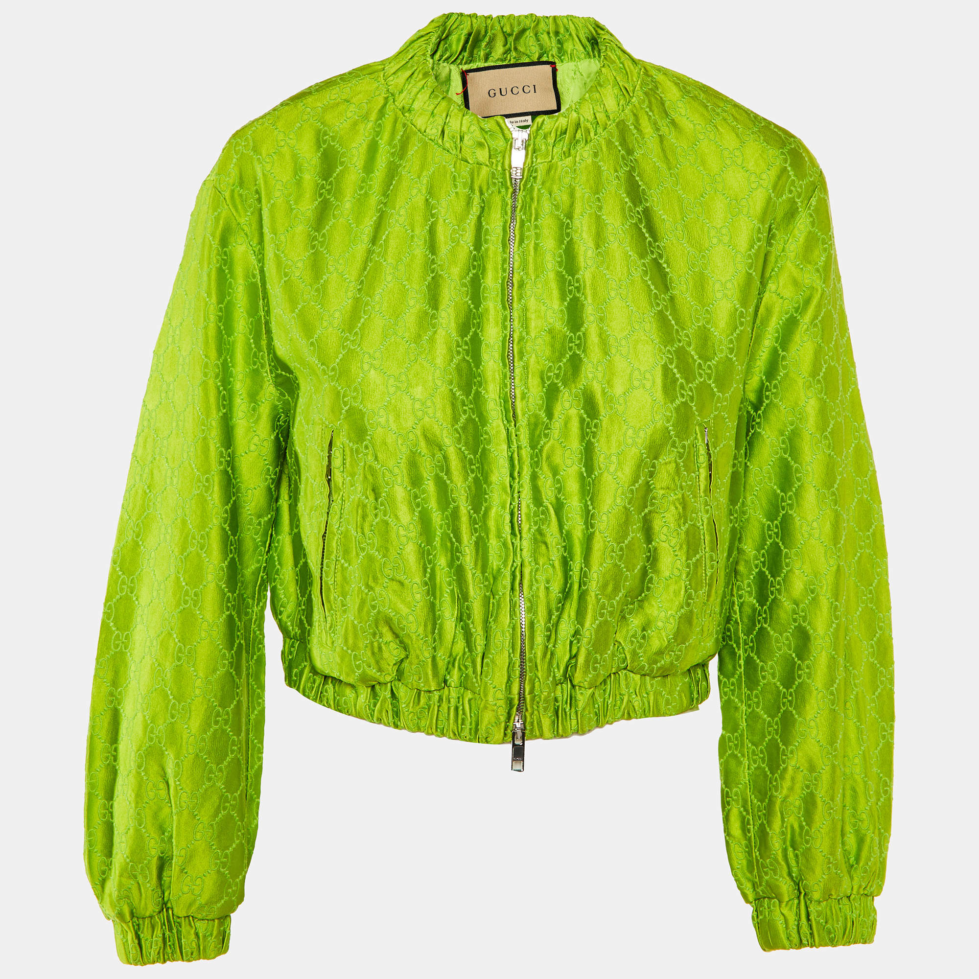 Gucci Green GG Supreme Embroidery Silk  Zip-Up Jacket S