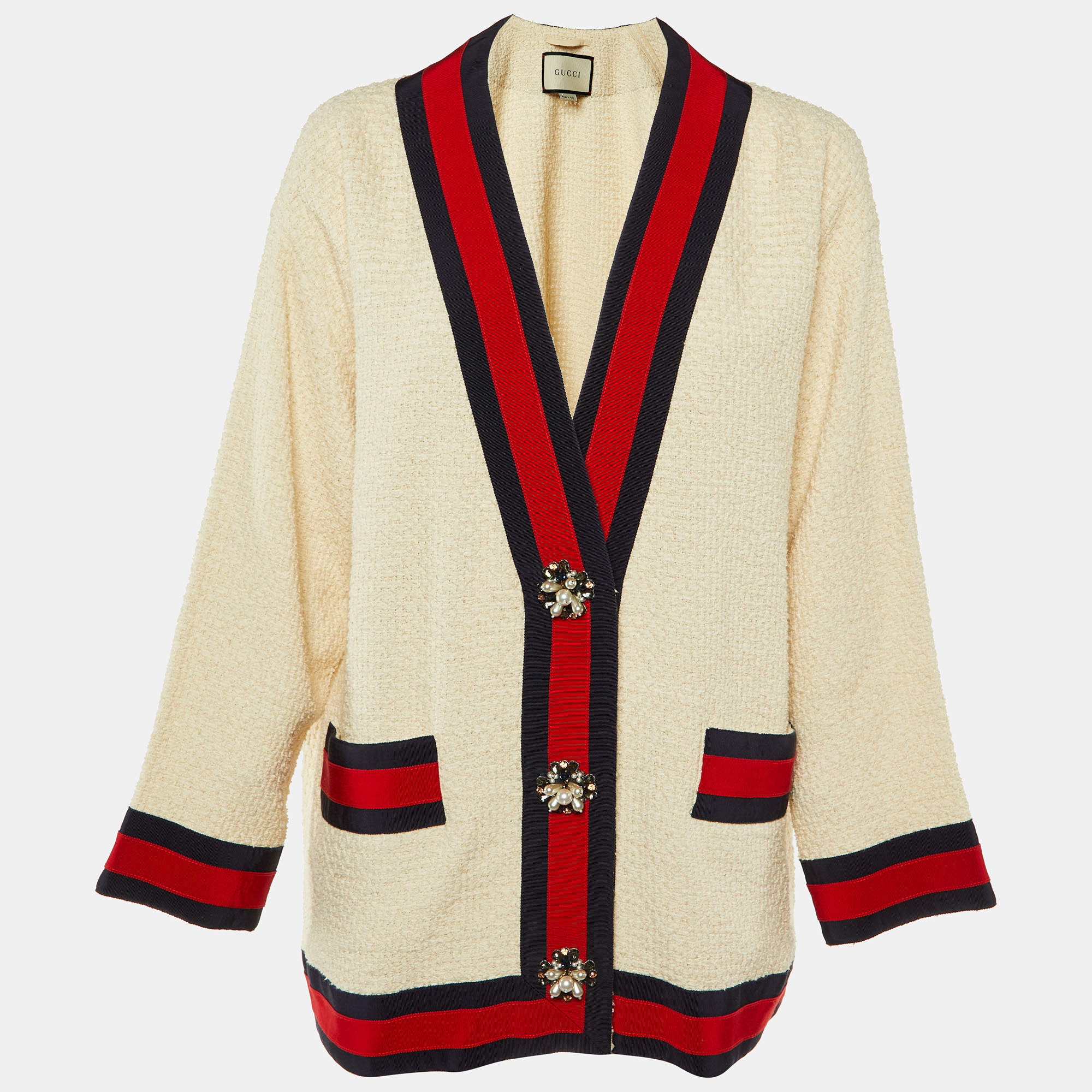 Pre Owned Gucci Off-White Tweed Web Stripe Button Detail Jacket L