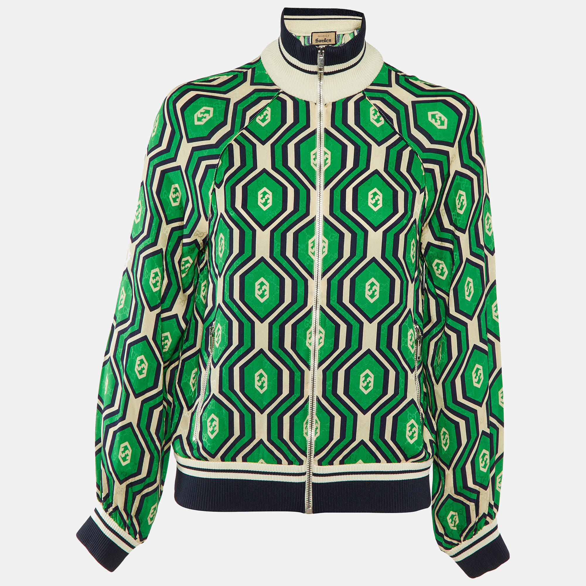 Gucci Green Printed Silk Zip-Up Jacket XS