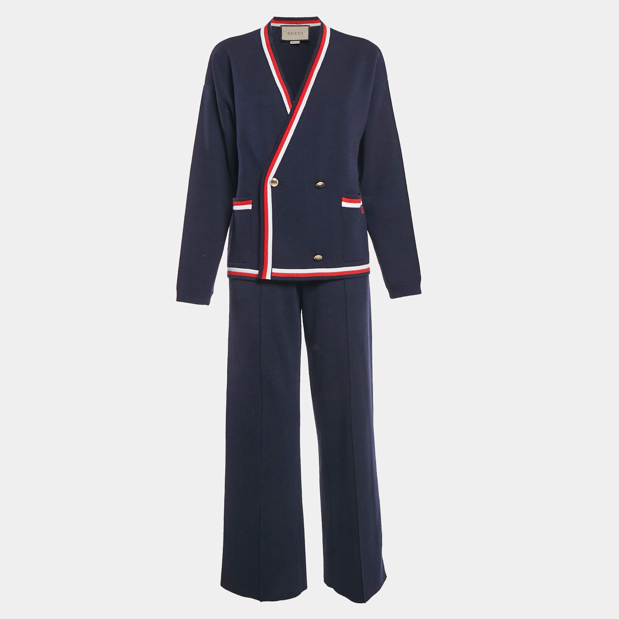Gucci Navy Blue Wool Blend Knit Stripe Detail Cardigan and Pants Set M/S