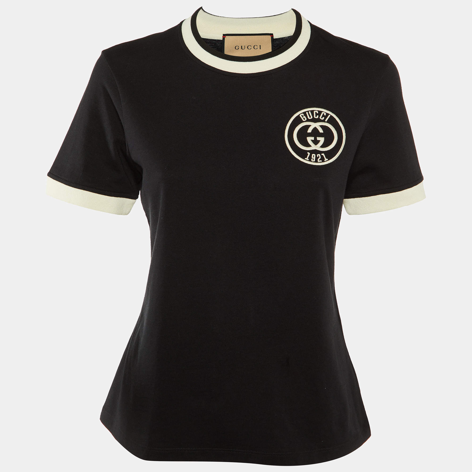 Pre Owned Gucci Black Logo Embroidered Cotton Knit T-Shirt M