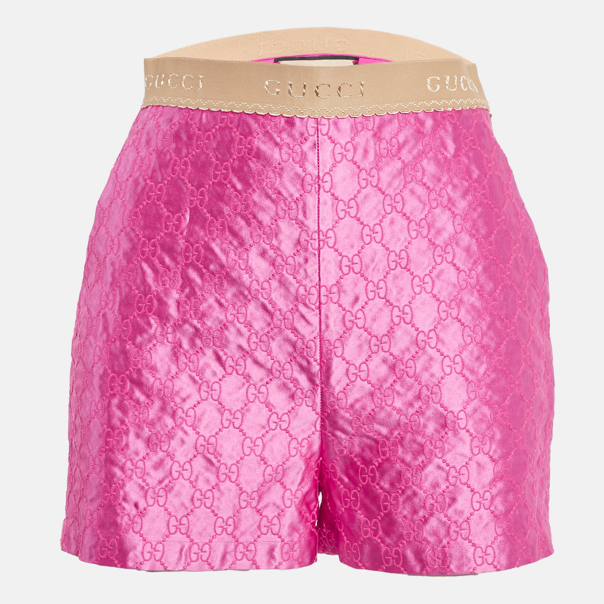 Pre Owned Gucci Pink GG Supreme Embroidery Silk Shorts S