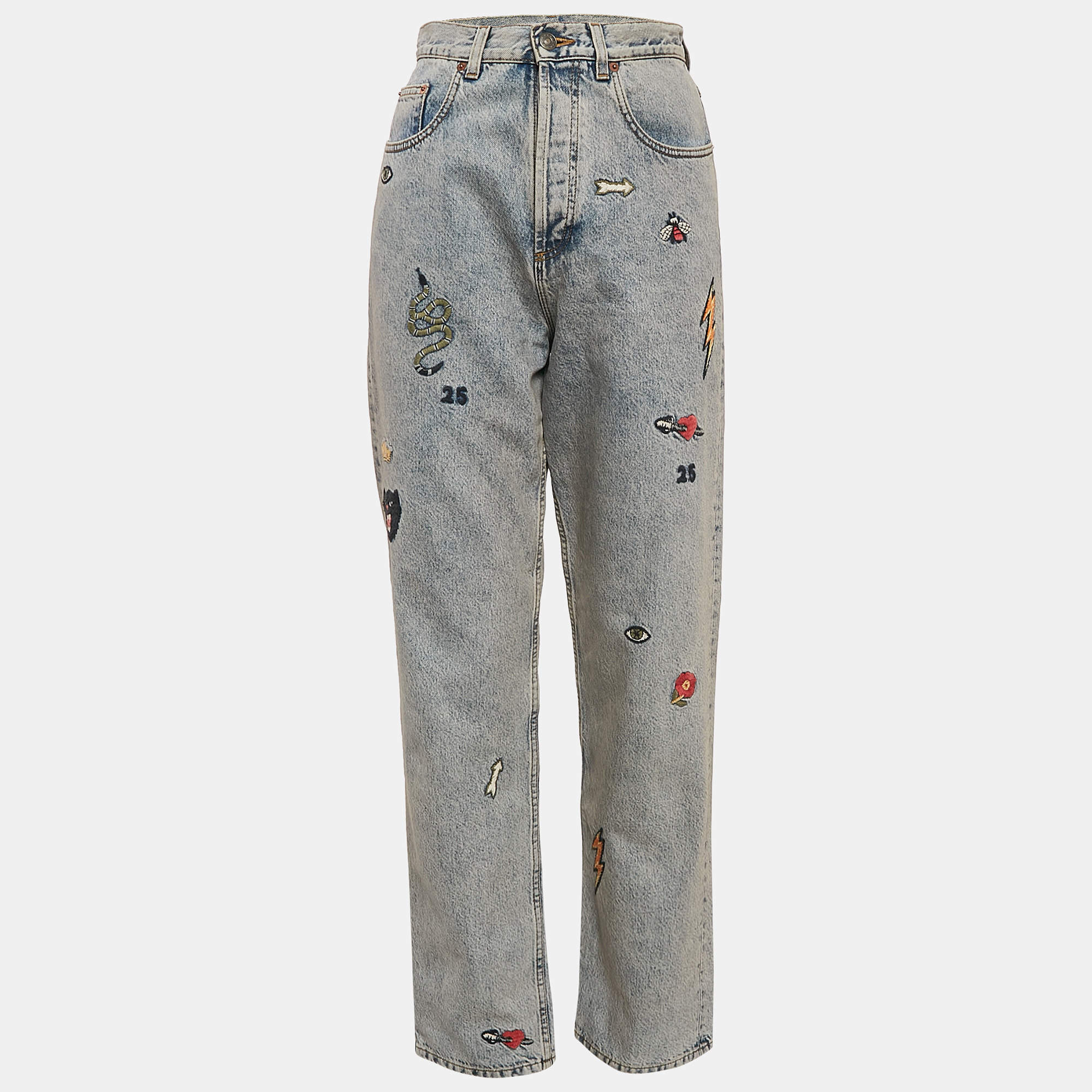 Gucci Blue Embroidered Denim Straight Leg Jeans S Waist 27"