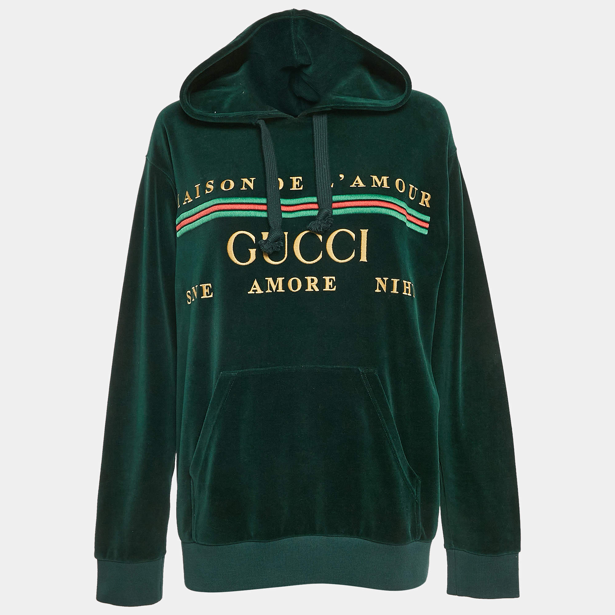 Pre Owned Gucci Black Logo Embroidered Velvet Hoodie M