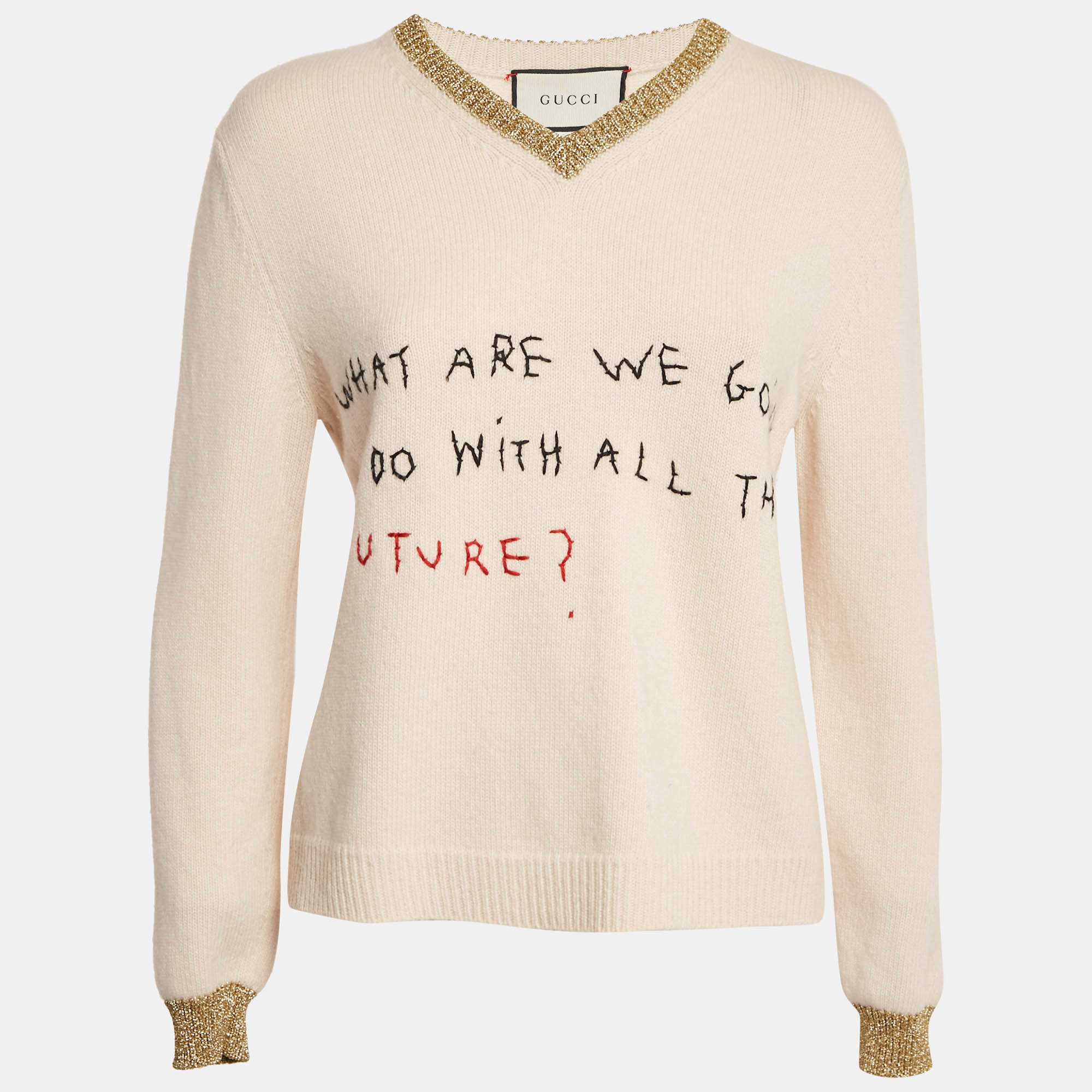 Gucci Beige Embroidered Lurex Trim Wool Knit V-Neck Sweater S