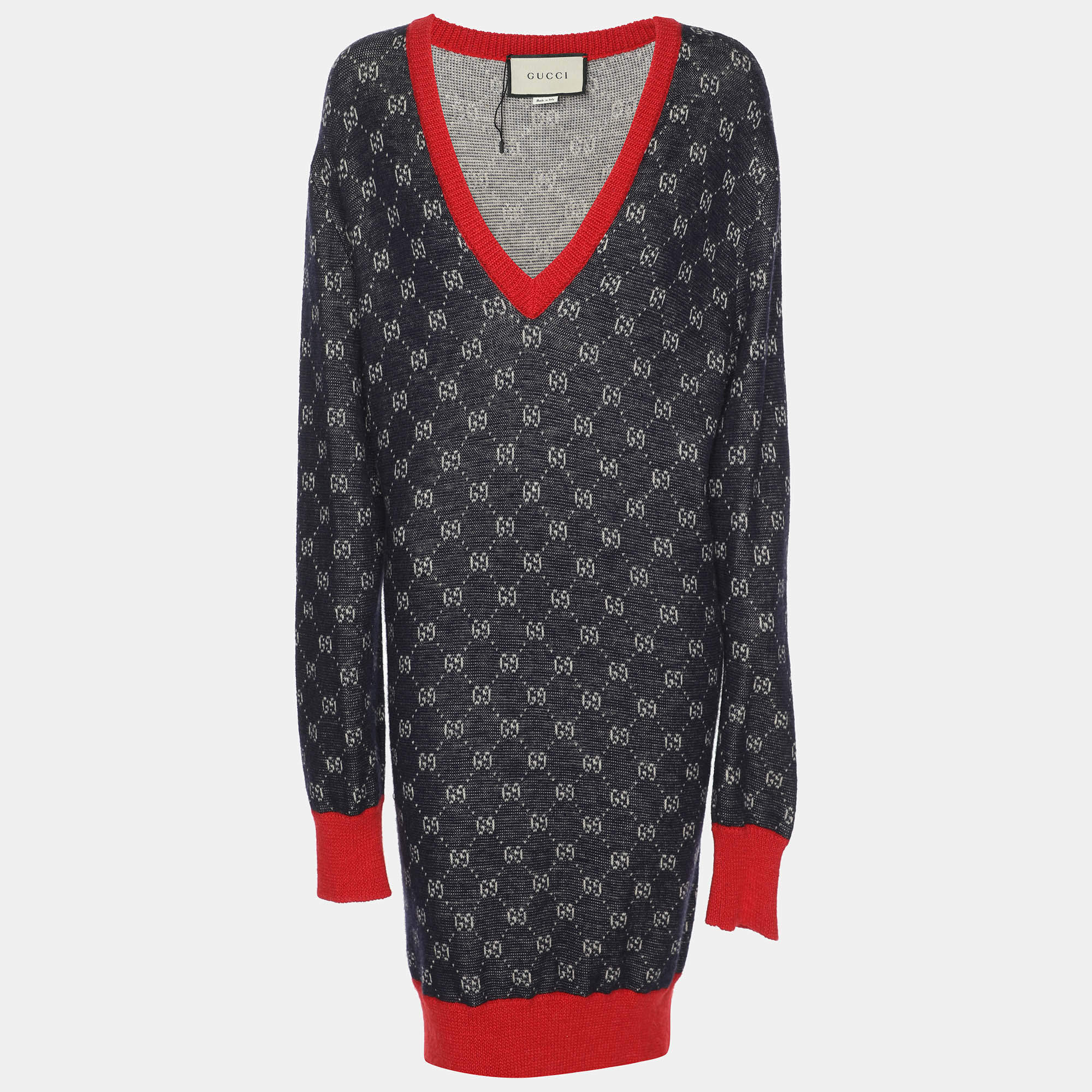 Gucci Bicolor Logo Patterned Knit Contrast Trim Sweater Dress S