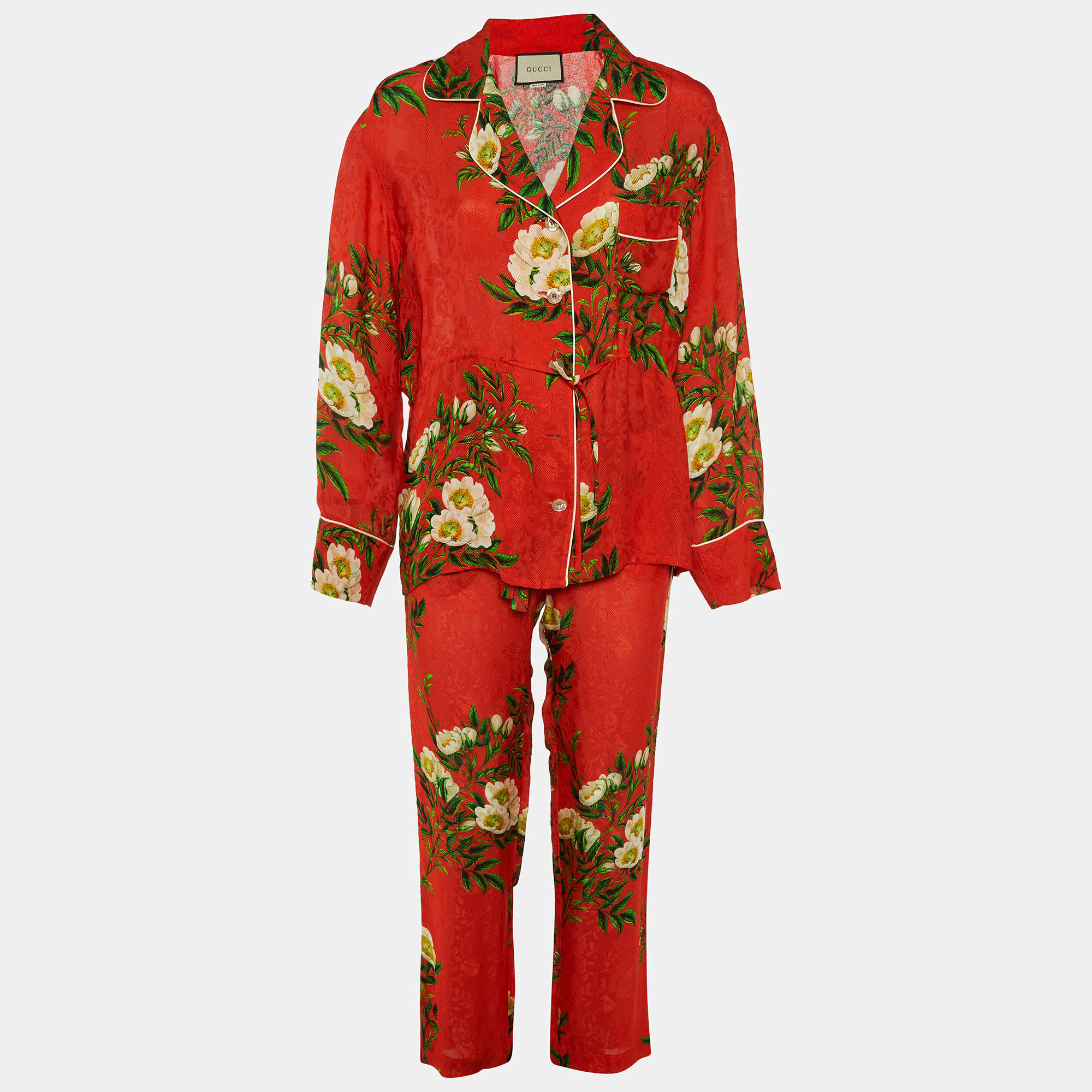 Gucci Red Floral Jacquard Crepe Pajamas Set S