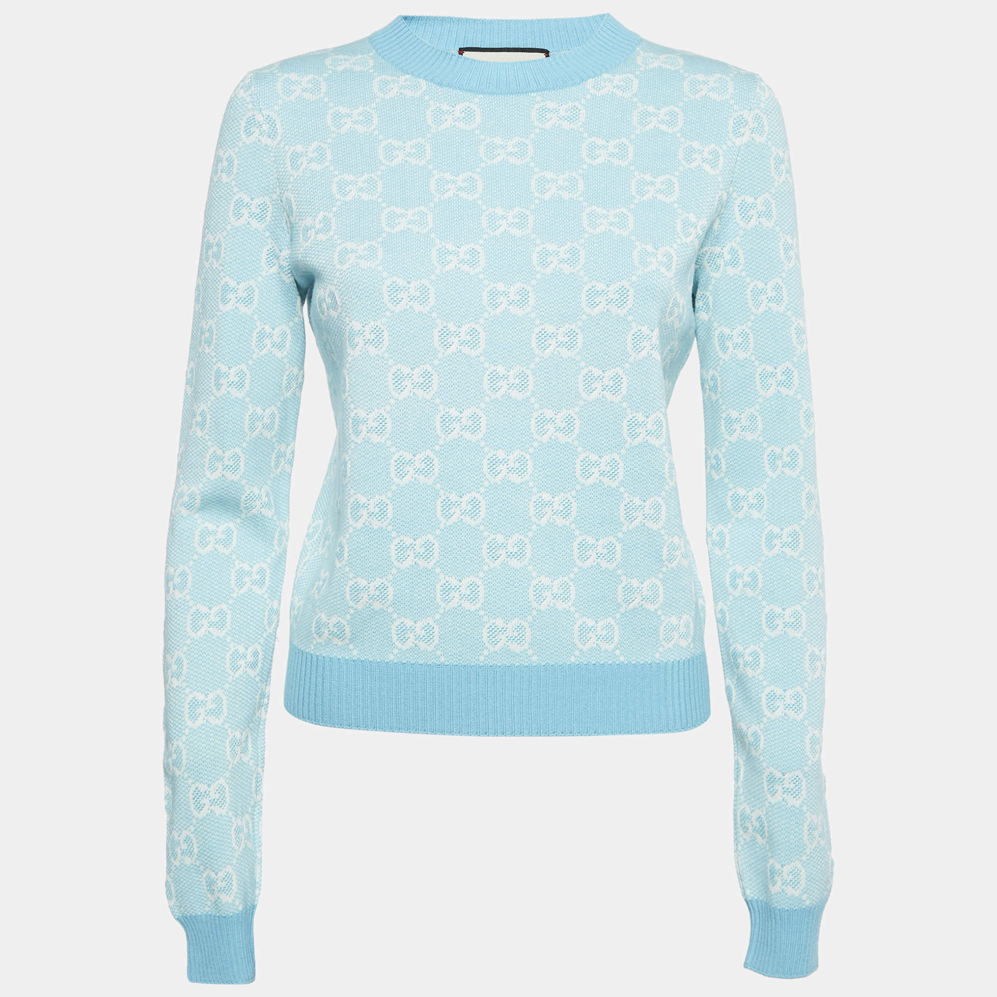 Pre Owned Gucci Blue GG Monogram Jacquard Knit Long Sleeve Sweater S