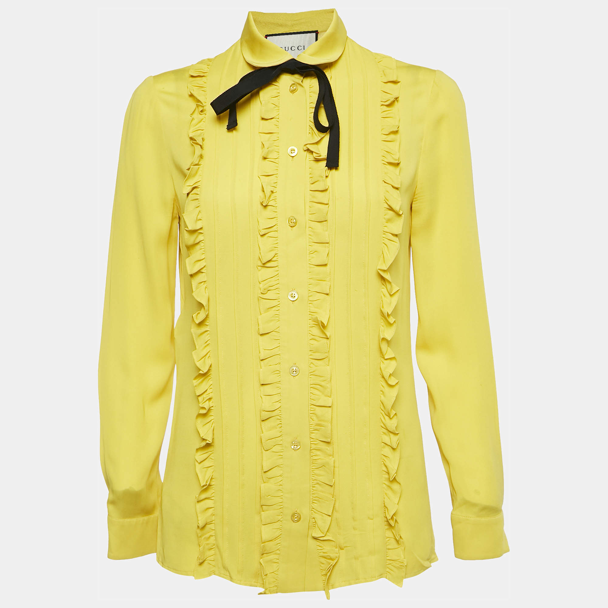 Pre Owned Gucci Yellow Silk Ruffled Shirt S