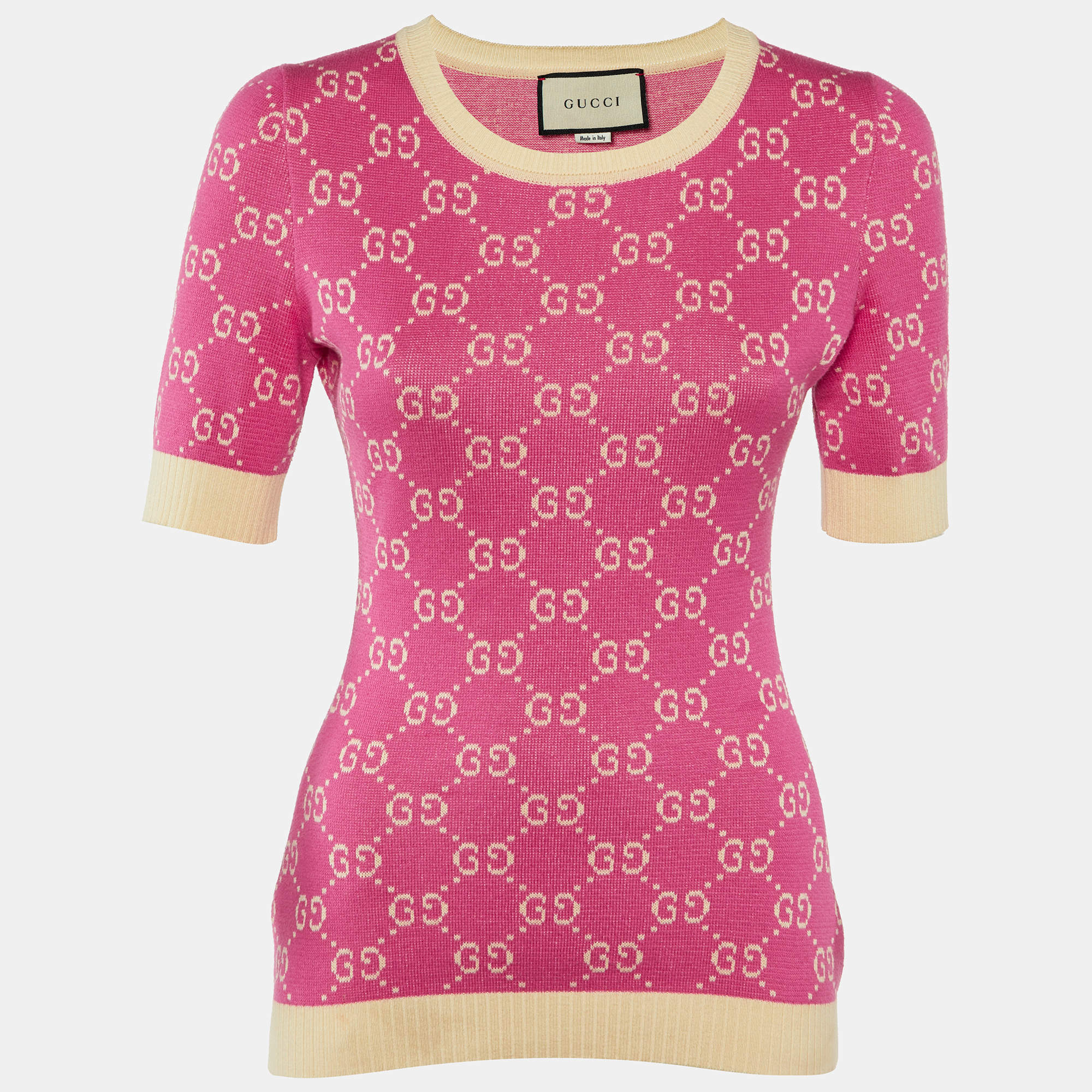 Gucci Pink GG Jacquard Knit Crew Neck Jumper S