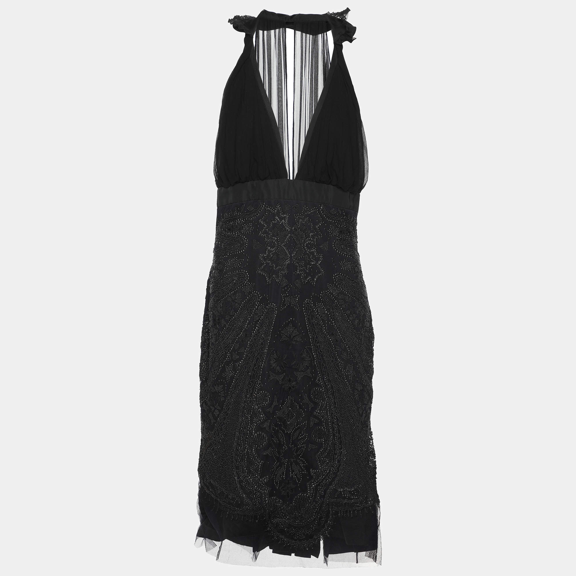 Pre Owned Gucci Black Silk Blend Embellished Halter Neck Midi Dress M