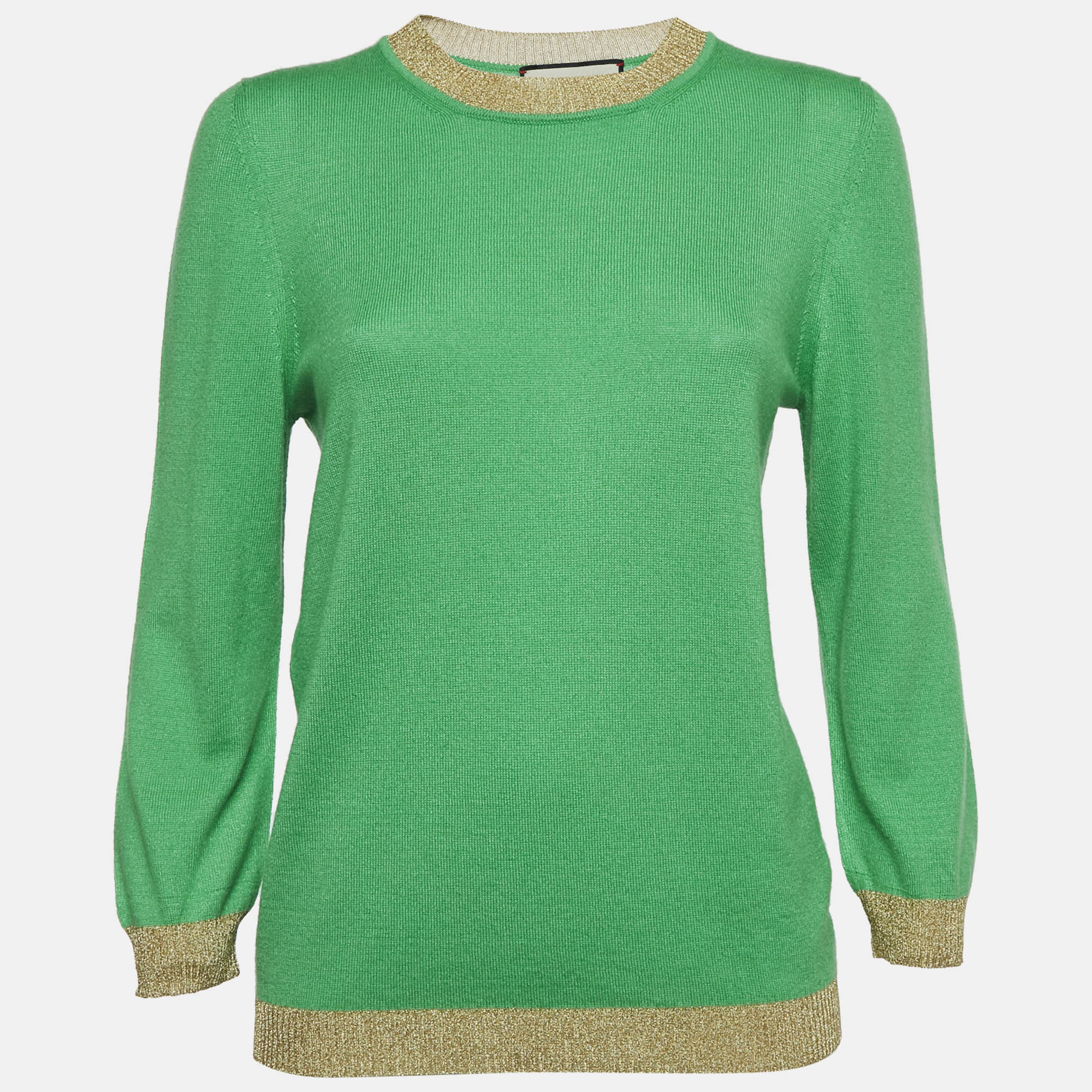 مملوكة مسبقًا بلوزة غوتشي كشمير محبوكة أخضر بحواف لوريكس بأكمام طويلة مقاس كبير (كبير)