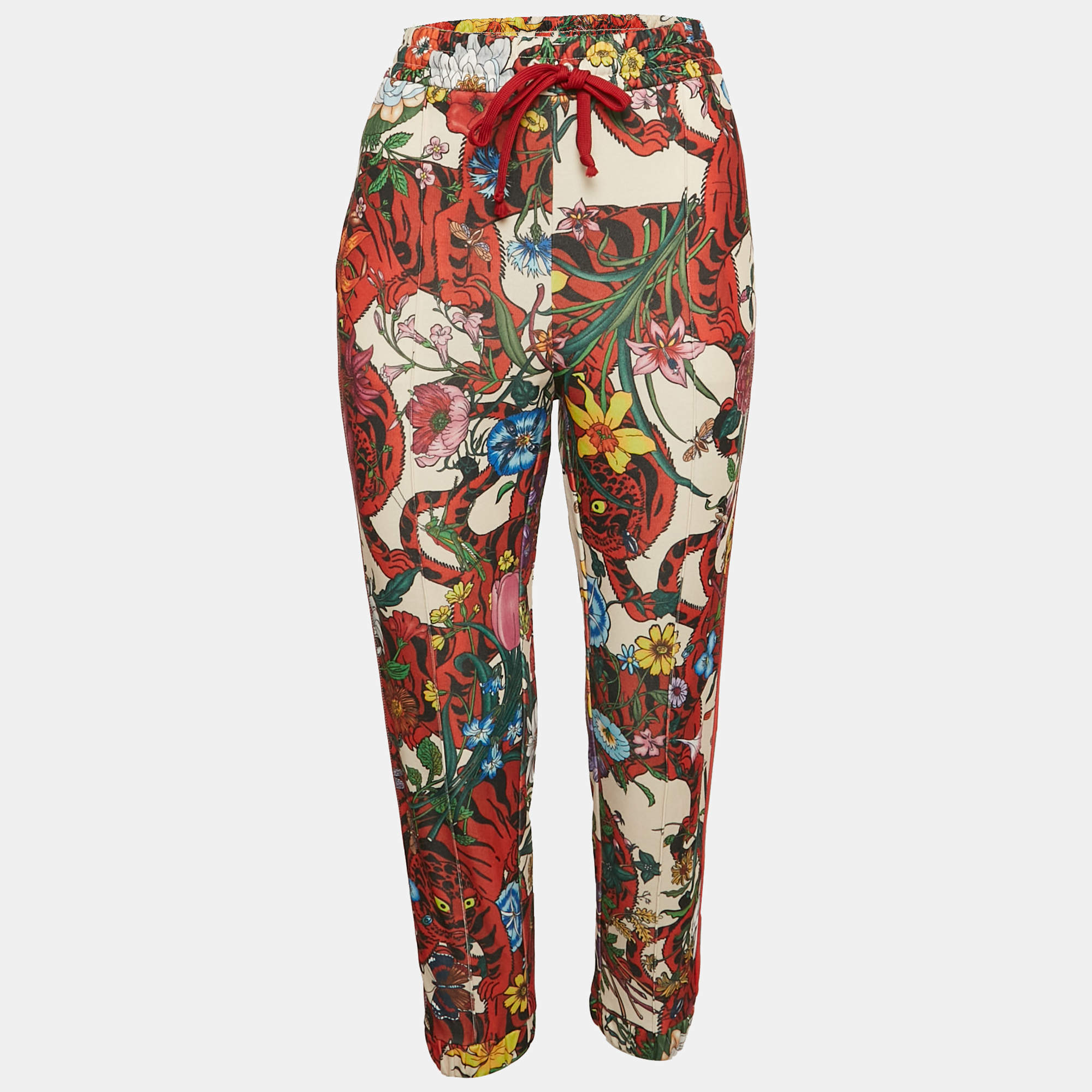 Pre Owned Gucci Multicolor Floral Print Cotton Blend Logo Tape Trimmed Trackpants M