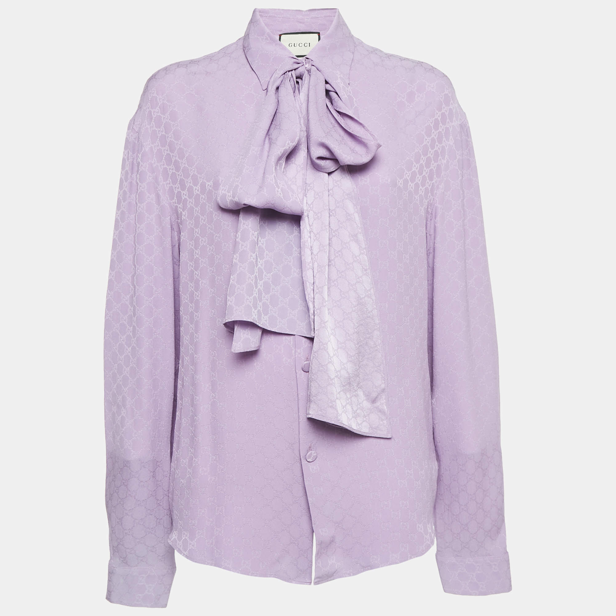 مملوكة مسبقًا Gucci Purple Monogram Jacquard Silk Neck Tie-Up Shirt L