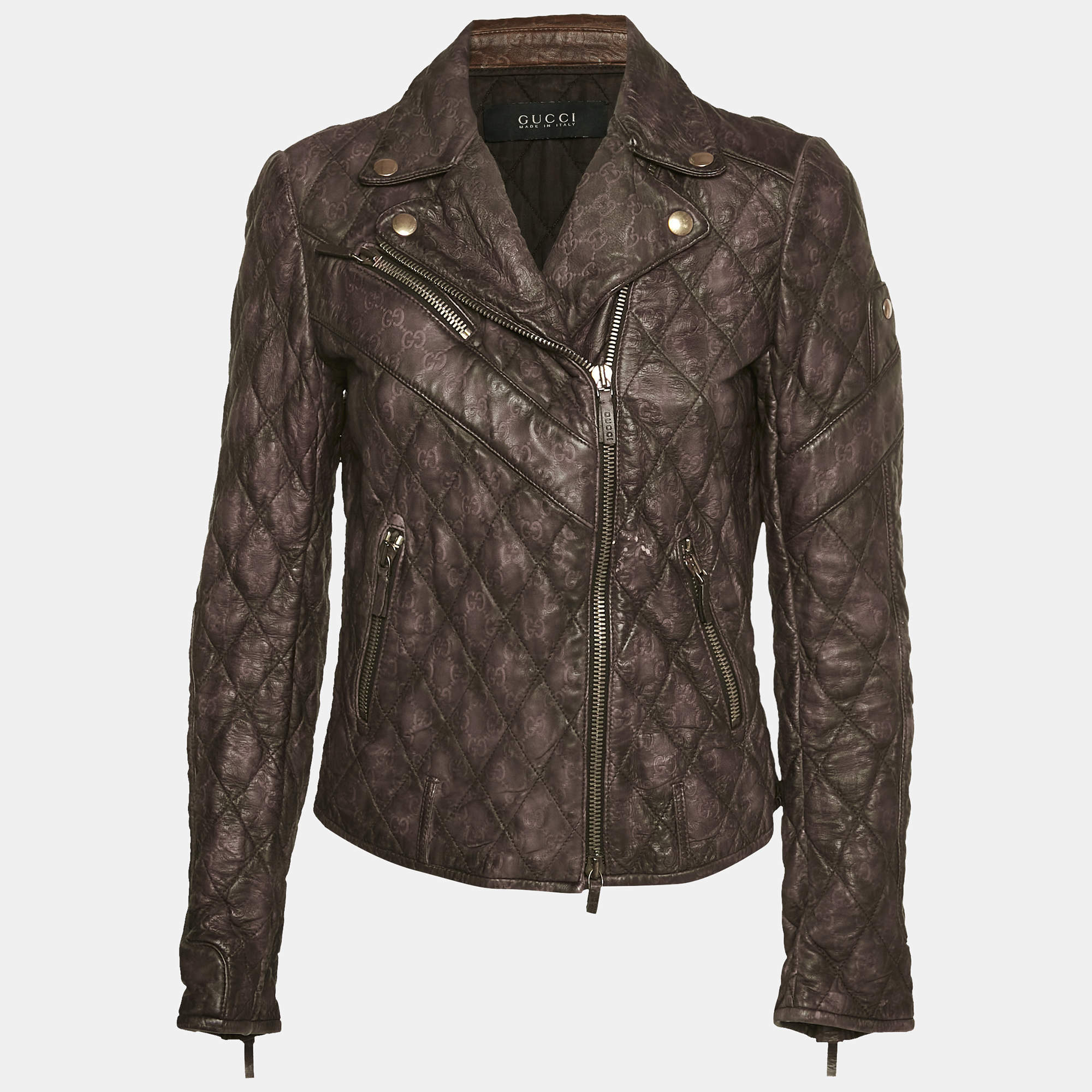 Pre Owned Gucci Brown GG Embossed Leather Quilted Jacket M